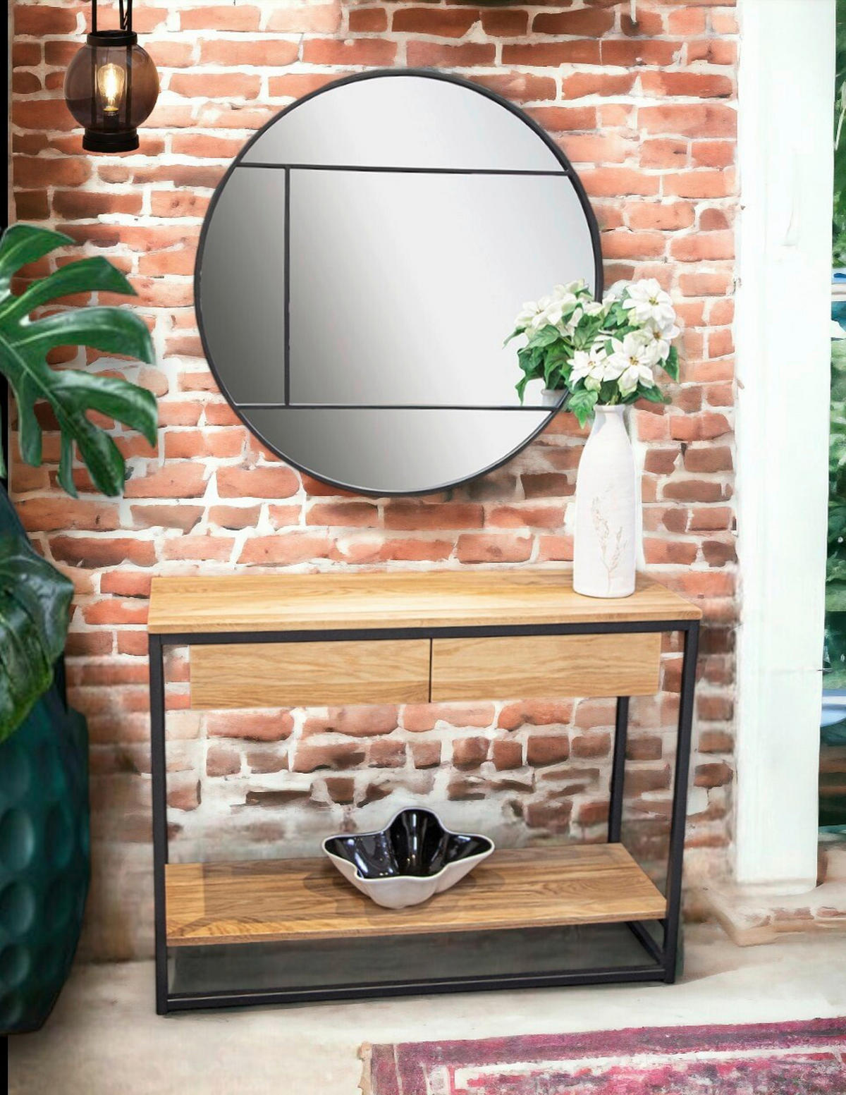 KONSOLENTISCH Eiche massiv Schwarz, Eichefarben  - Eichefarben/Schwarz, KONVENTIONELL, Holz/Metall (100/35/75cm)