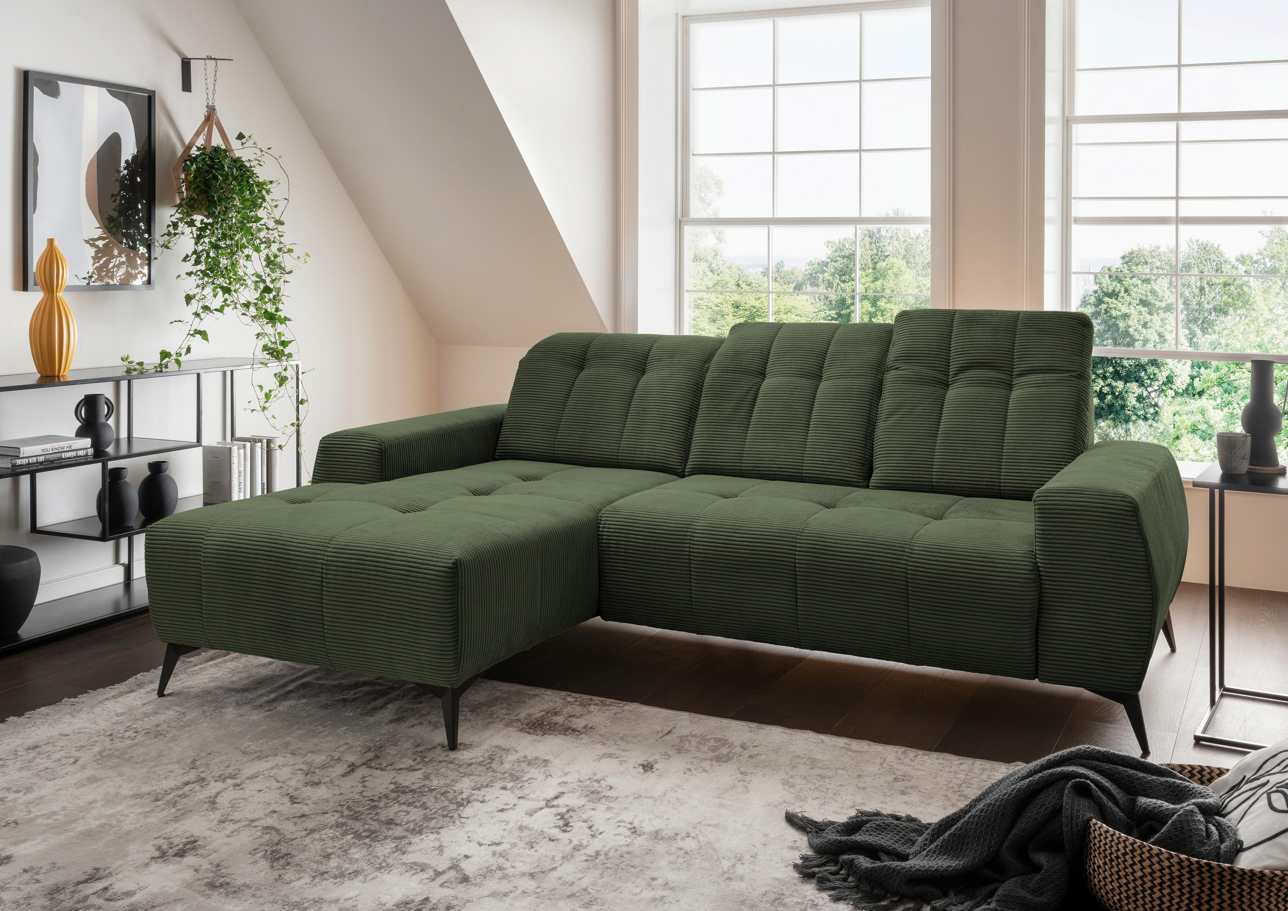 ECKSOFA in Cord Dunkelgrün  - Dunkelgrün/Schwarz, Modern, Textil/Metall (180/258cm) - Livetastic