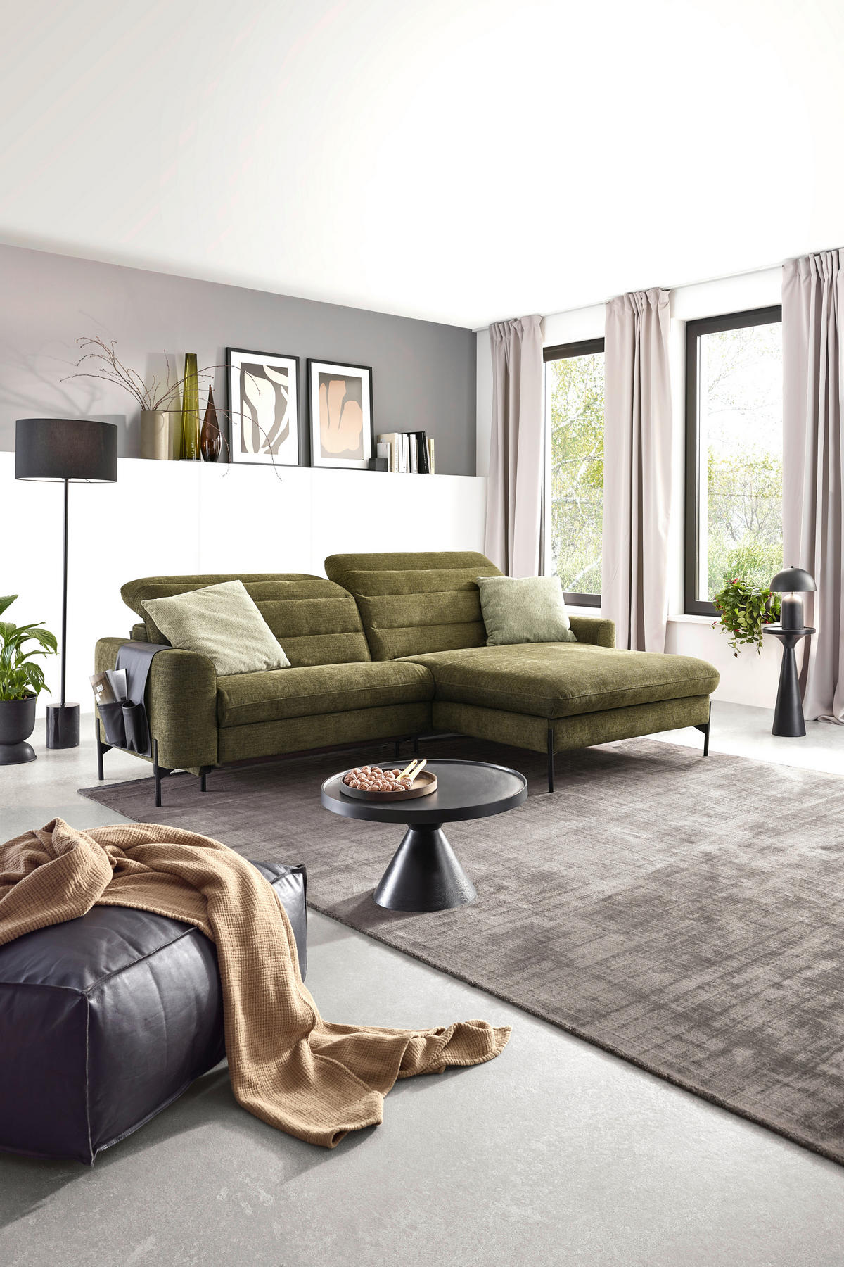 ECKSOFA in Flachgewebe Olivgrün  - Schwarz/Olivgrün, Design, Textil/Metall (252/191cm) - Dieter Knoll