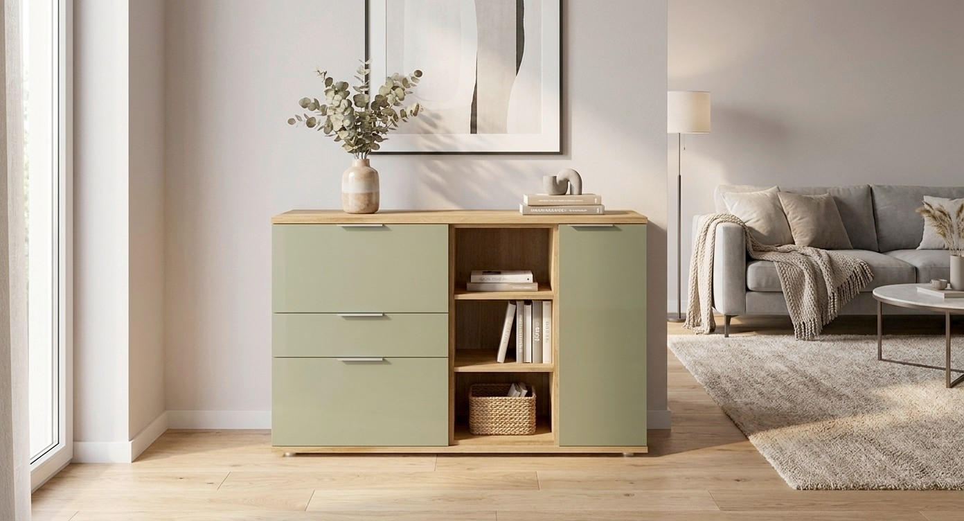 SIDEBOARD 160/107,5/45 cm Grün, Eichefarben  160/107,5/45 cm  - Eichefarben/Silberfarben, KONVENTIONELL, Holzwerkstoff/Kunststoff (160/107,5/45cm)
