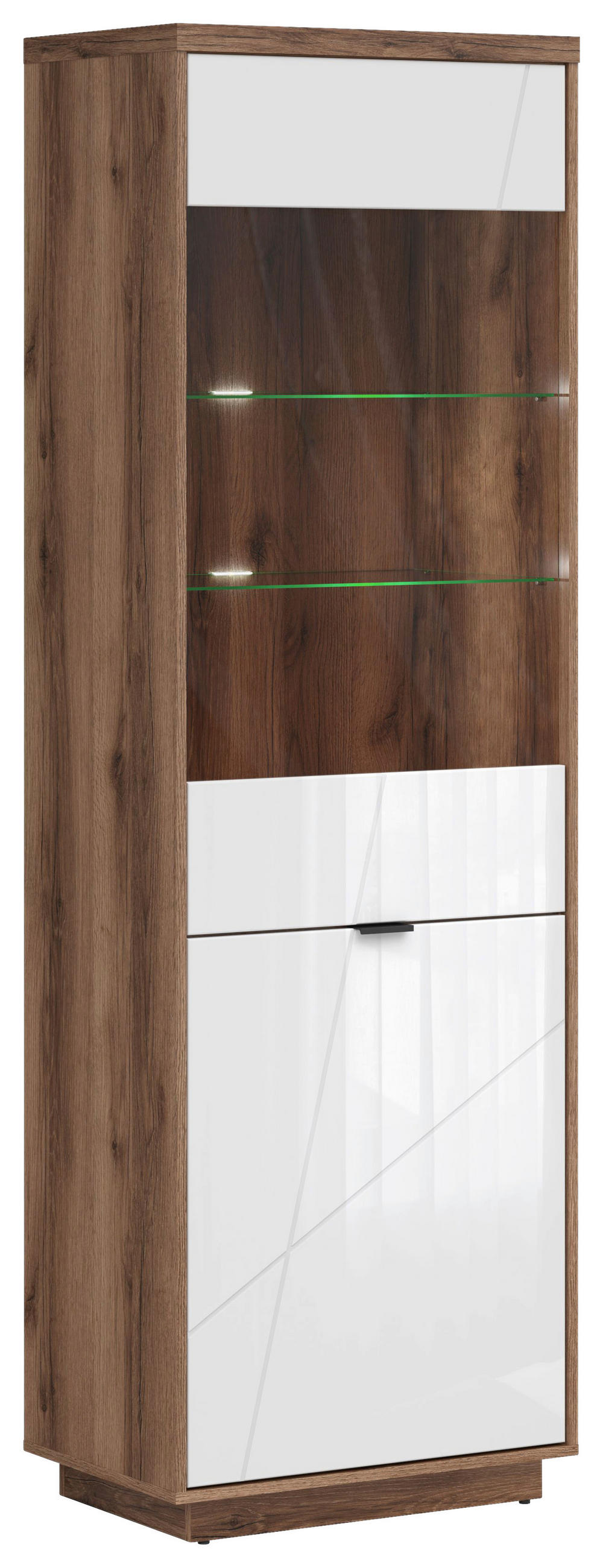 VITRINA boja hrasta, bela visoki sjaj   - boja hrasta/bela visoki sjaj, Dizajnerski, staklo/metal (64/200,5cm) - Xora