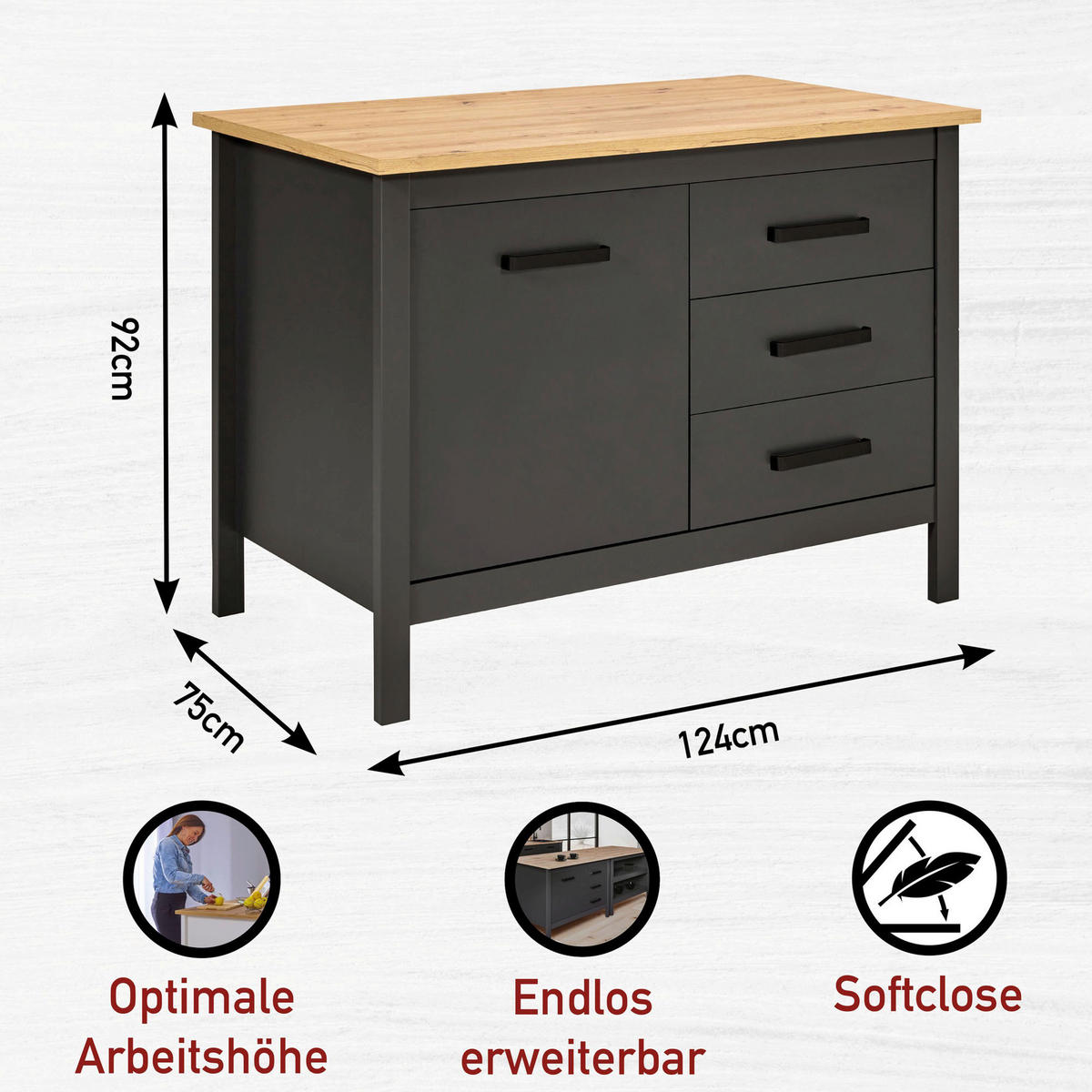 KÜCHENINSEL 124/91/75 cm  in Anthrazit, Eiche Artisan  - Anthrazit/Schwarz, MODERN, Holzwerkstoff/Metall (124/91/75cm) - home24