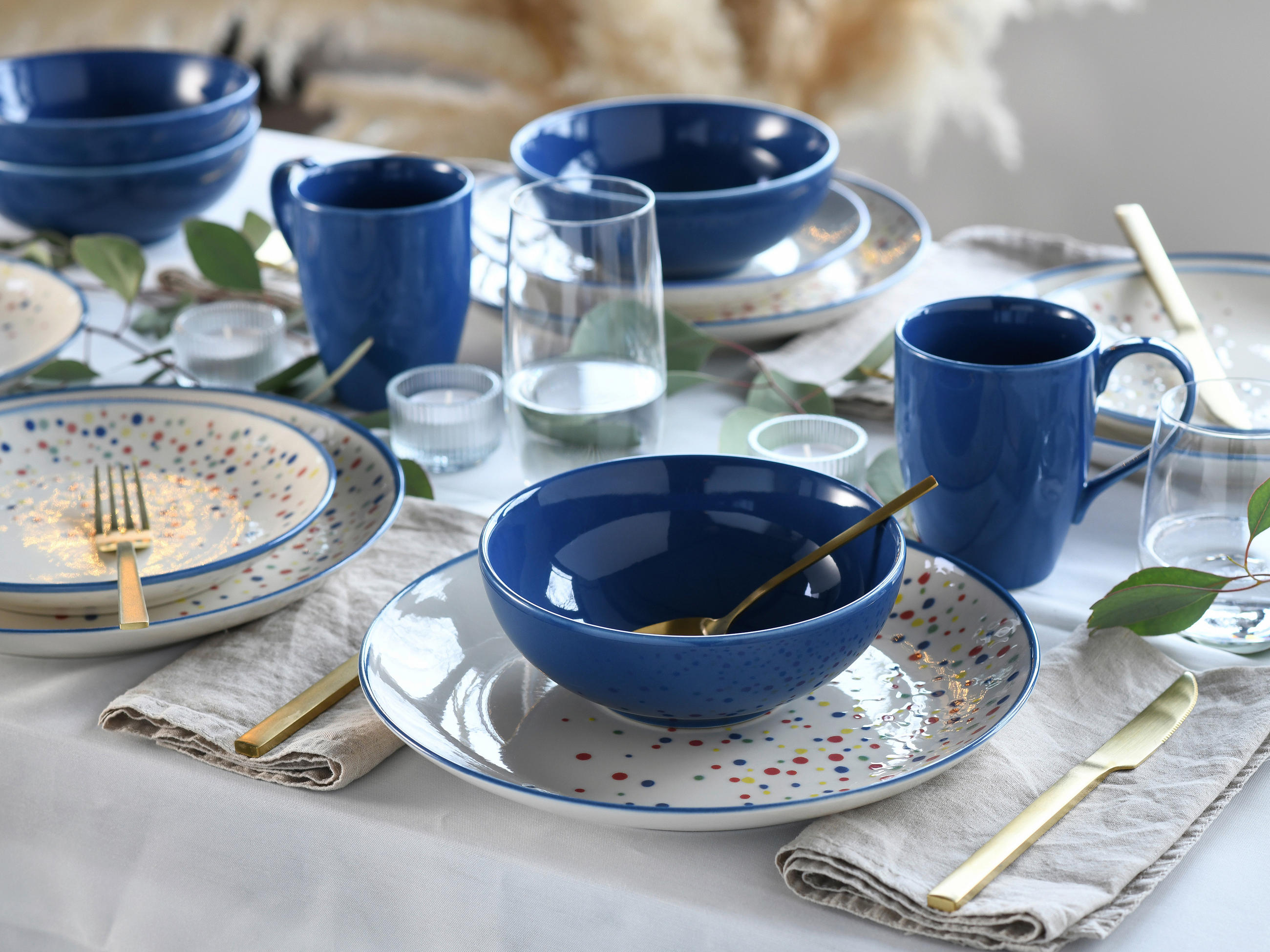 KOMPLETT SERVIS Joy Blau-bunt 16 delar  - blå/cremefärgad, Basics, keramik - Creatable