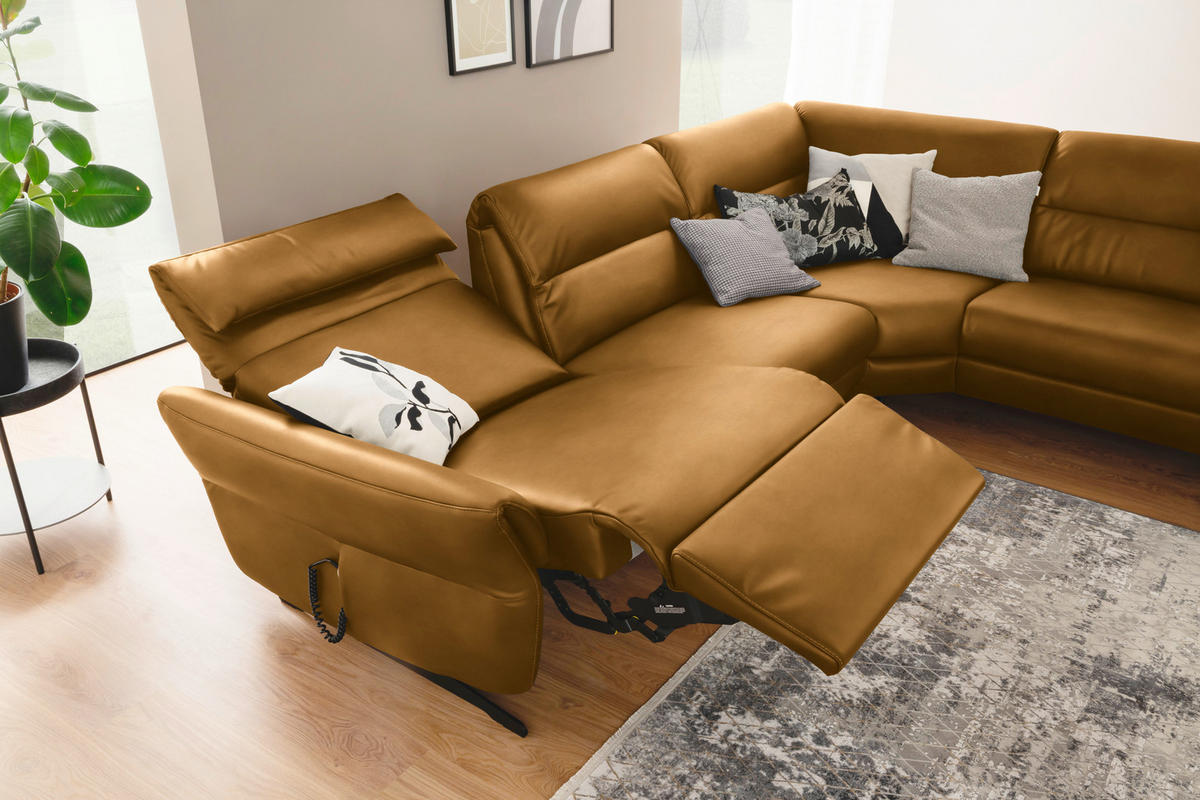ECKSOFA in Echtleder Currygelb  286/258 cm  - Currygelb/Schwarz, Design, Leder/Metall (286/258cm) - Schöner Wohnen