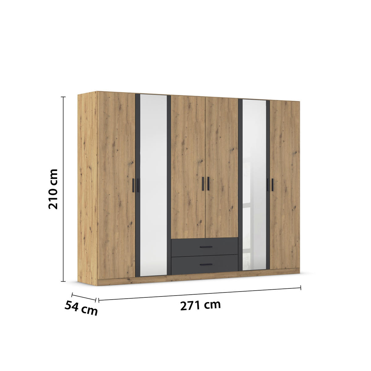 KLEIDERSCHRANK 271/210/54 cm 6-türig Grau, Eichefarben, Eiche Artisan  - Eichefarben/Eiche Artisan, KONVENTIONELL, Holzwerkstoff/Kunststoff (271/210/54cm) - Rauch Möbel