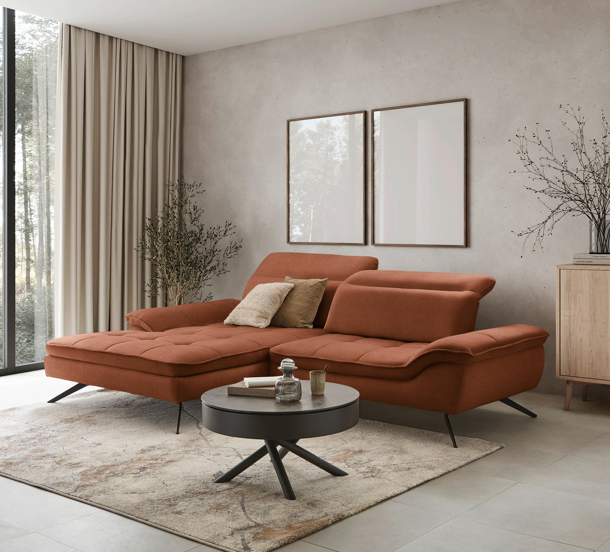 ECKSOFA in Webstoff Cognac  179-202/288 cm  - Cognac/Schwarz, Design, Textil/Metall (179-202/288cm) - Stylife