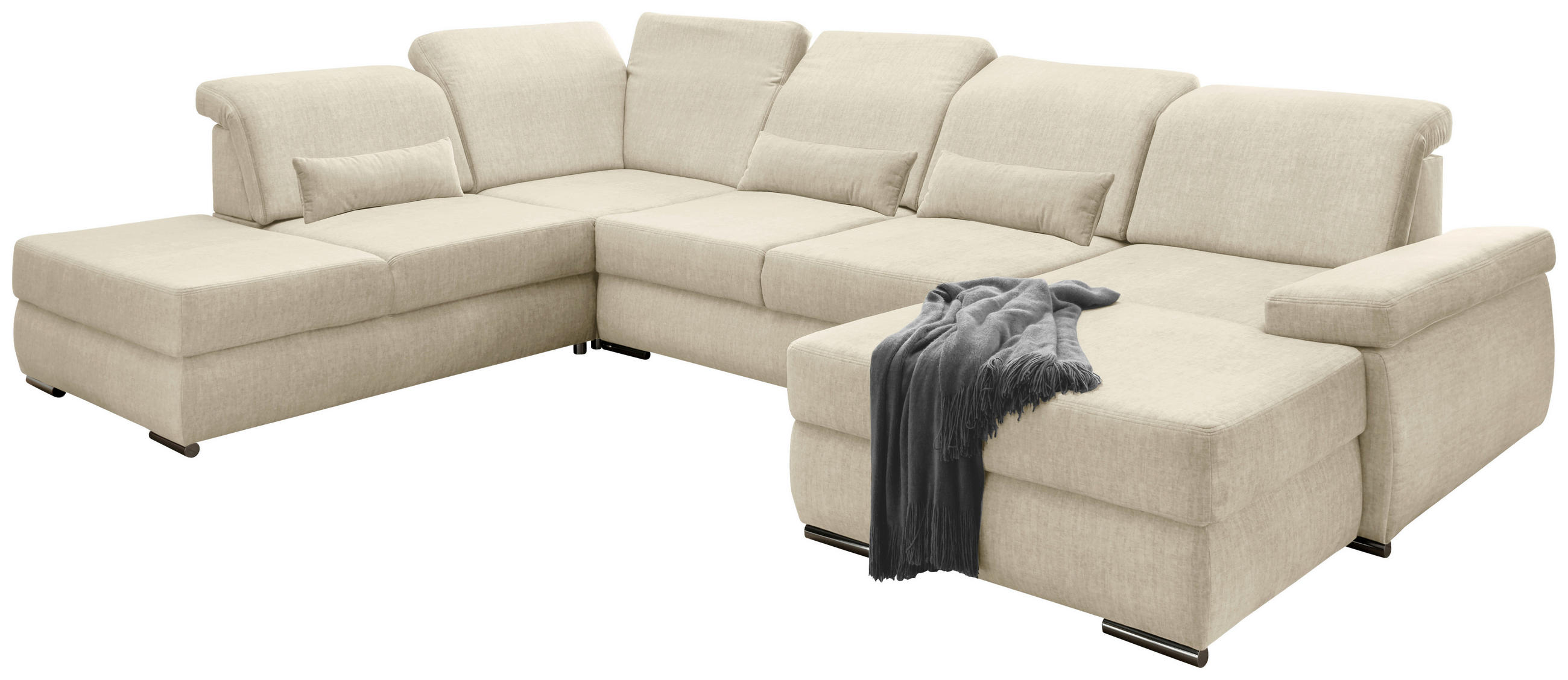 WOHNLANDSCHAFT Creme Velours  - Chromfarben/Creme, MODERN, Textil/Metall (250/375/186cm) - Livetastic