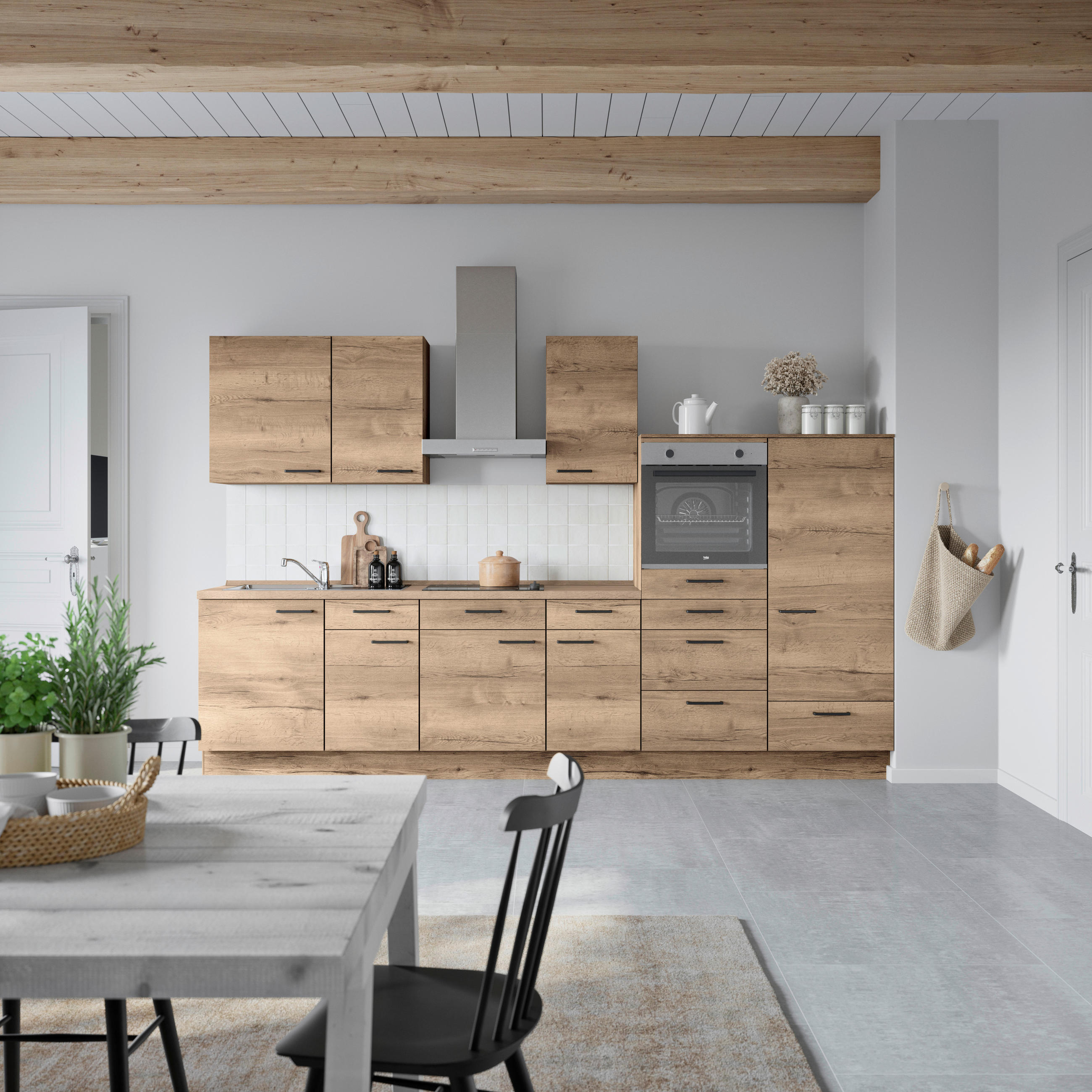 KÜCHENBLOCK 330 cm   in Eiche dunkel  - Eiche dunkel/Eichefarben, MODERN, Holzwerkstoff/Metall (330cm) - Nobilia