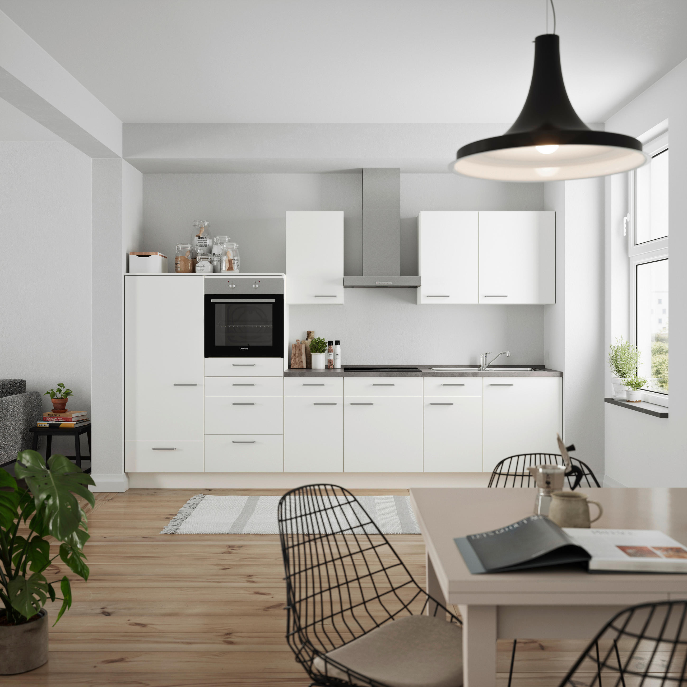 KÜCHENBLOCK 330 cm   in Weiß  - Schieferfarben/Edelstahlfarben, MODERN, Holzwerkstoff/Metall (330cm) - Nobilia