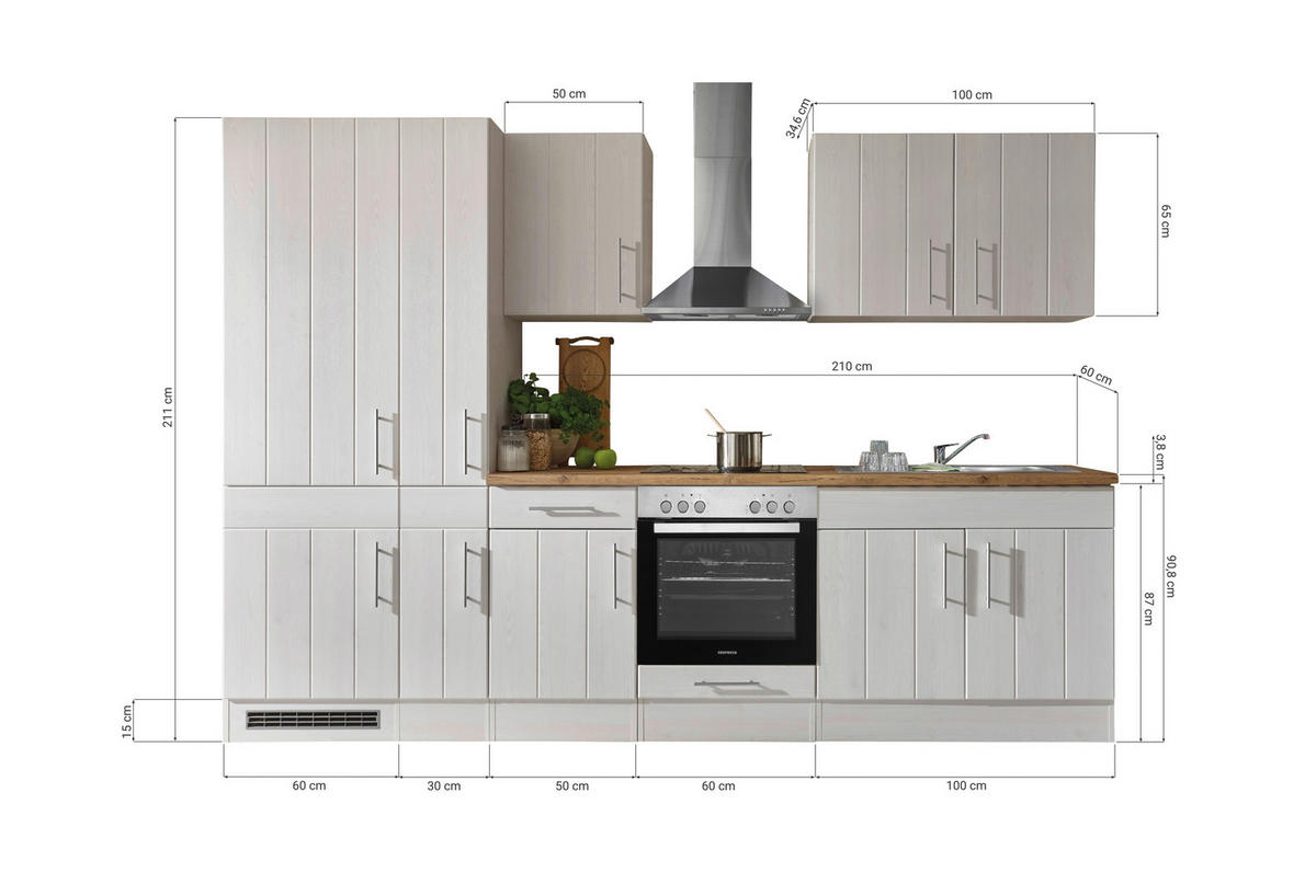 MODULKÖK UTAN VITVAROR 300 cm   i vit, lärkfärgad  - vit/stålfärgad, Basics, metall/trämaterial (300cm) - Respekta