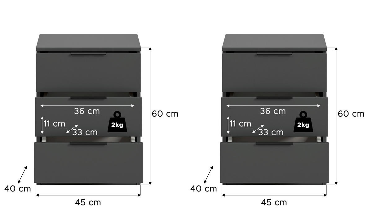NACHTKÄSTCHENSET 45/60/40 cm  in Anthrazit  - Anthrazit/Schwarz, MODERN, Holzwerkstoff/Kunststoff (45/60/40cm) - MID.YOU