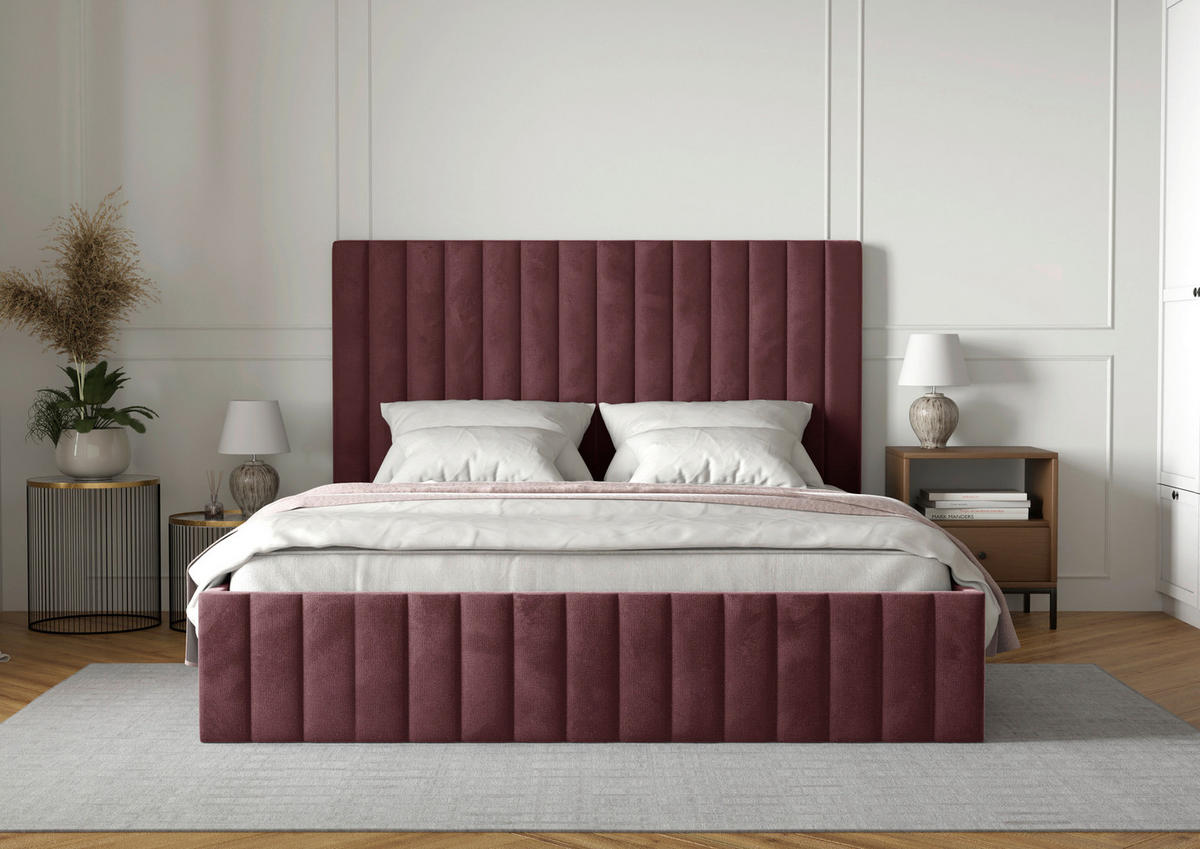 POLSTERBETT Lattenrost, Bettkasten 140/200 cm  in Bordeaux  - Bordeaux/Schwarz, Design, Holz/Textil (140/200cm) - Boxxx