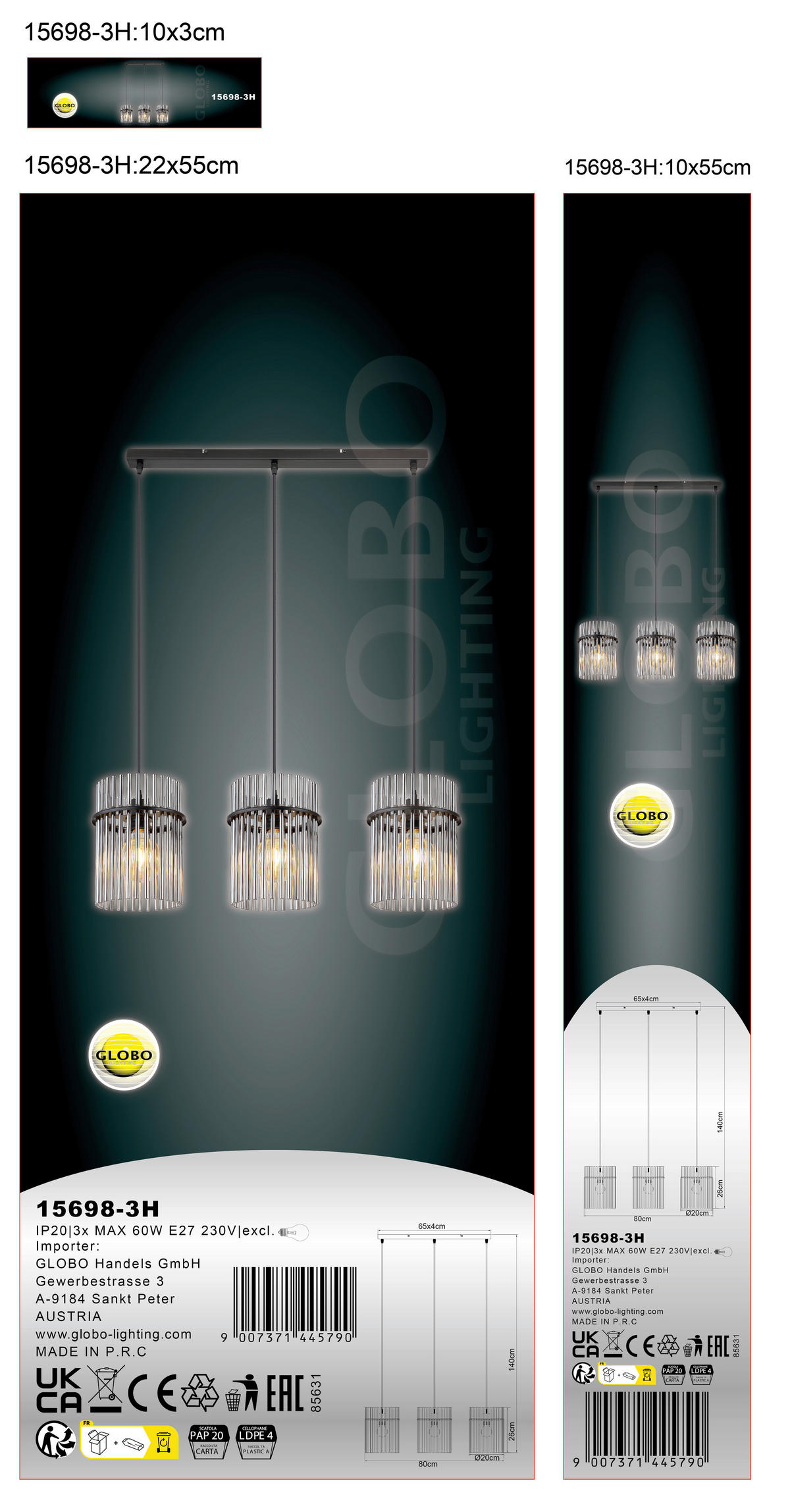 HÄNGELEUCHTE 80/20/140 cm  - Schwarz/Grau, Design, Glas/Kunststoff (80/20/140cm) - Globo