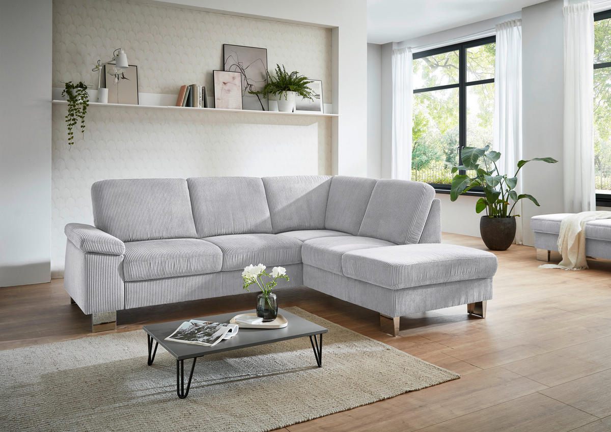 ECKSOFA in Cord Hellgrau  - Edelstahlfarben/Hellgrau, Konventionell, Textil/Metall (248/200cm) - Beldomo System
