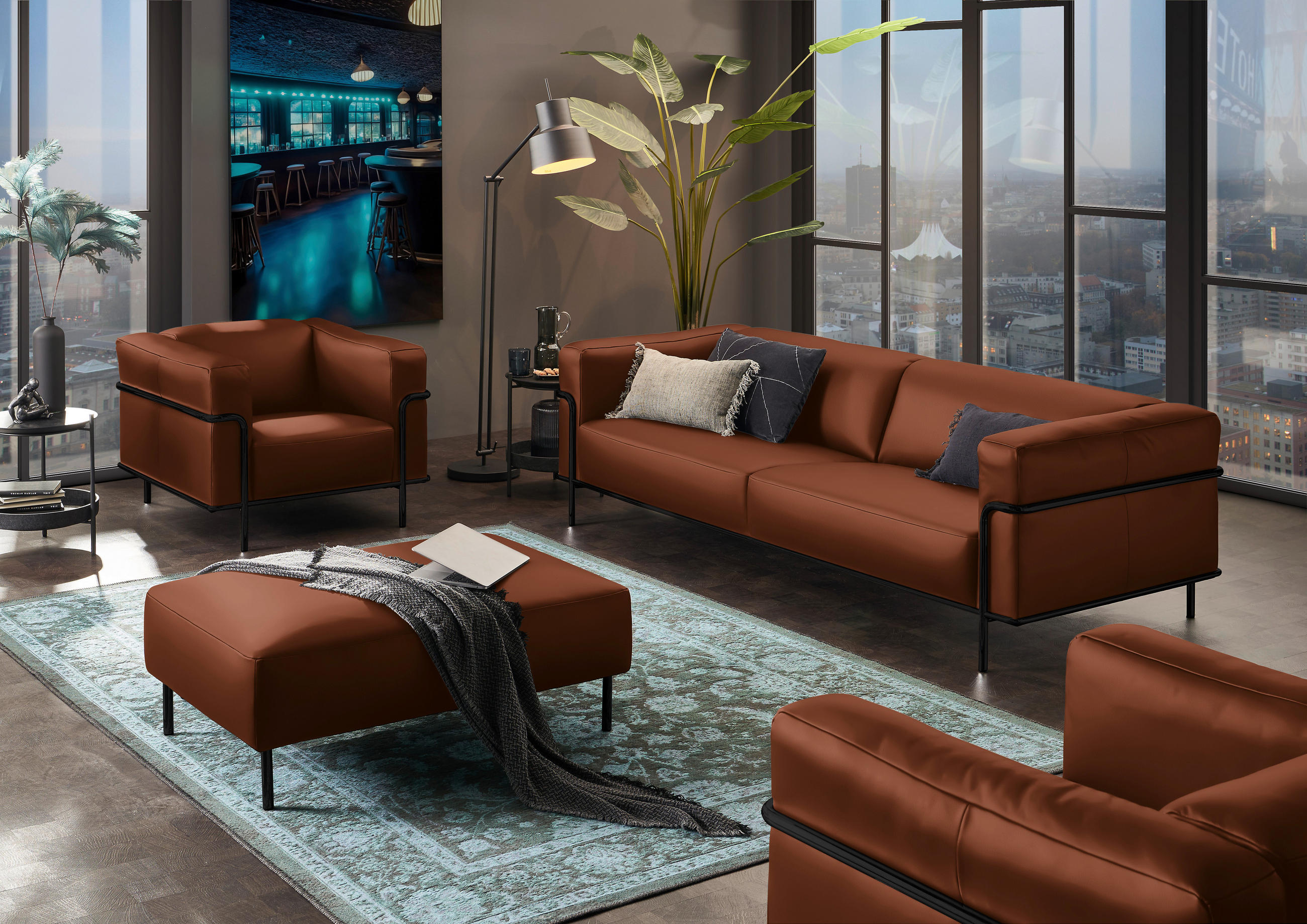 3-SITZER-SOFA in Echtleder Braun - Schwarz/Braun, Design, Leder/Metall (236/67/96cm) - Johann Jakob