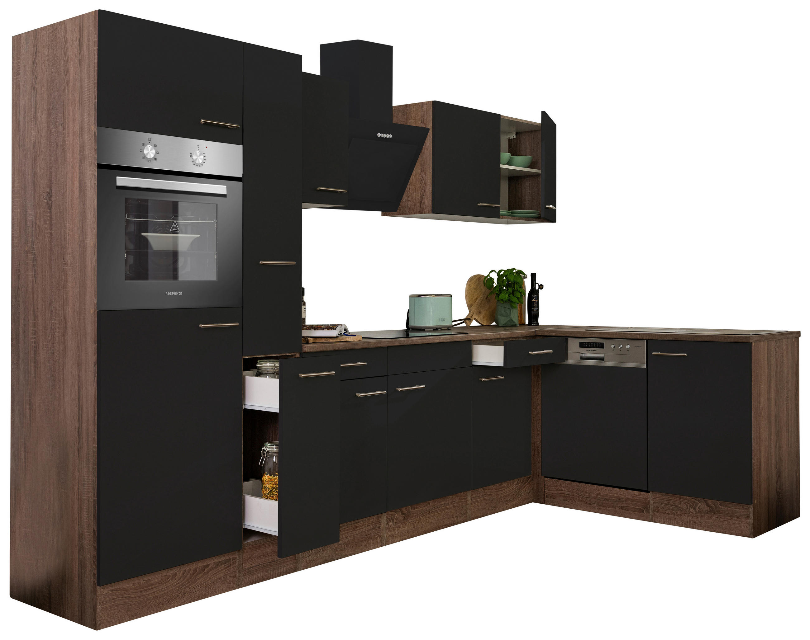 Thumbnail - Respekta Eckküche Oliver, Schwarz, Metall, 1 Schublade(n),2 Schublade(n) Schubladen, seitenverkehrt montierbar, L-Form, ...