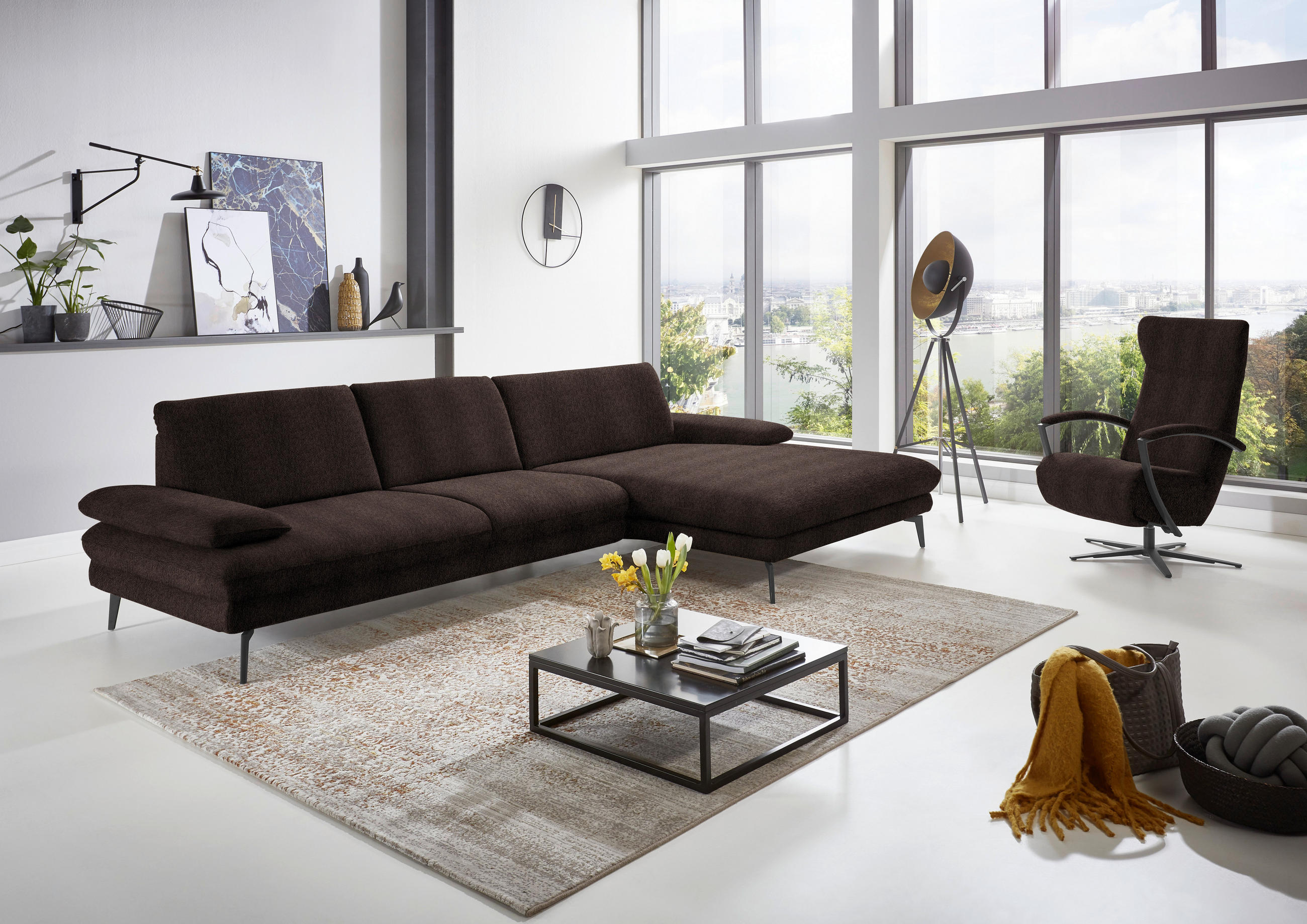 ECKSOFA in Chenille Dunkelbraun  310/180 cm  - Dunkelbraun/Schwarz, Design, Textil/Metall (310/180cm) - Dieter Knoll