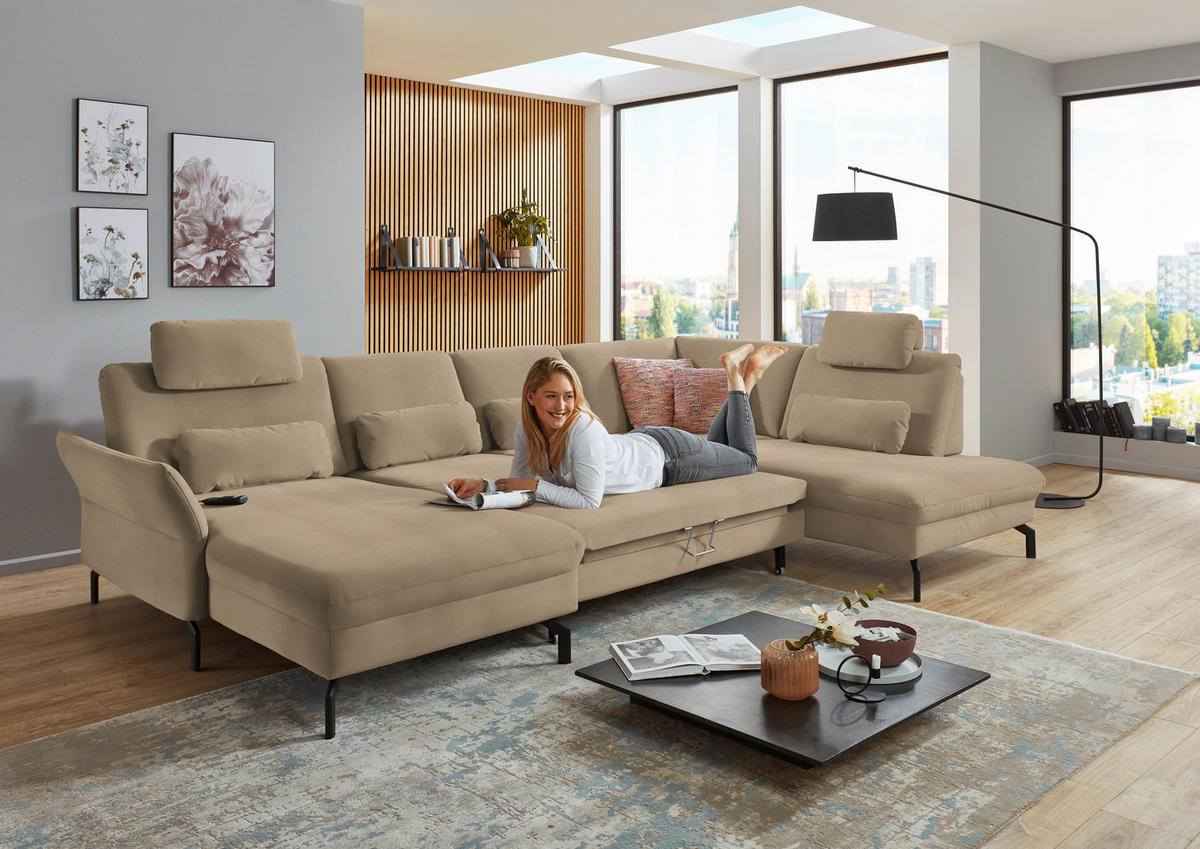 WOHNLANDSCHAFT in Velours Sandfarben  - Sandfarben/Schwarz, Design, Textil/Metall (179/335/220cm) - Beldomo System