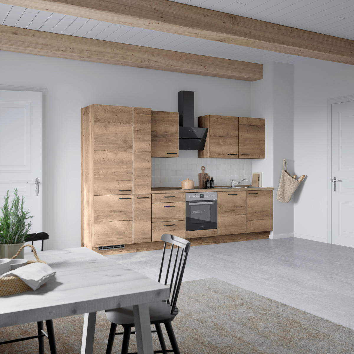 BUCĂTĂRIE FĂRĂ ELECTROCASNICE  - stejar închis la culoare/negru, Modern, metal/material pe bază de lemn (330cm) - Nobilia