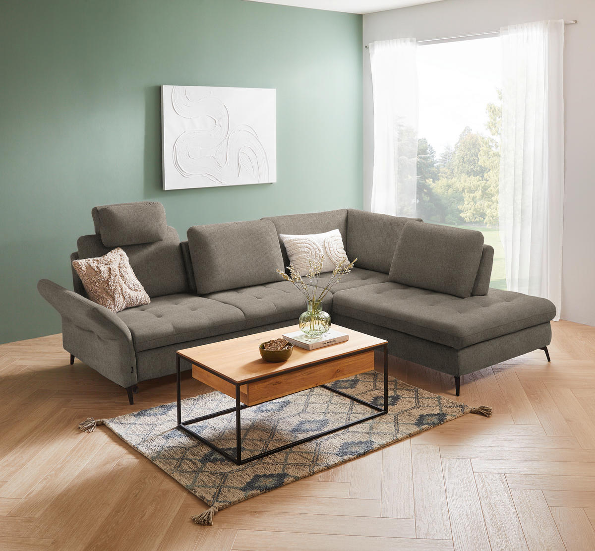 ECKSOFA Greige Chenille  - Greige/Schwarz, Natur, Textil/Metall (288/233cm) - Valnatura