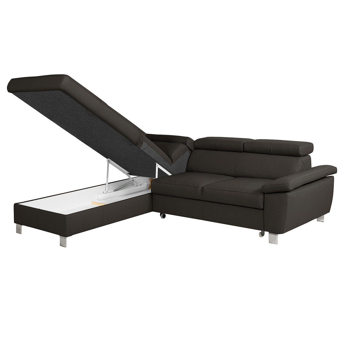 ECKSOFA Dunkelbraun Echtleder Lederlook  - Chromfarben/Dunkelbraun, Design, Leder/Textil (208/248cm) - Livetastic