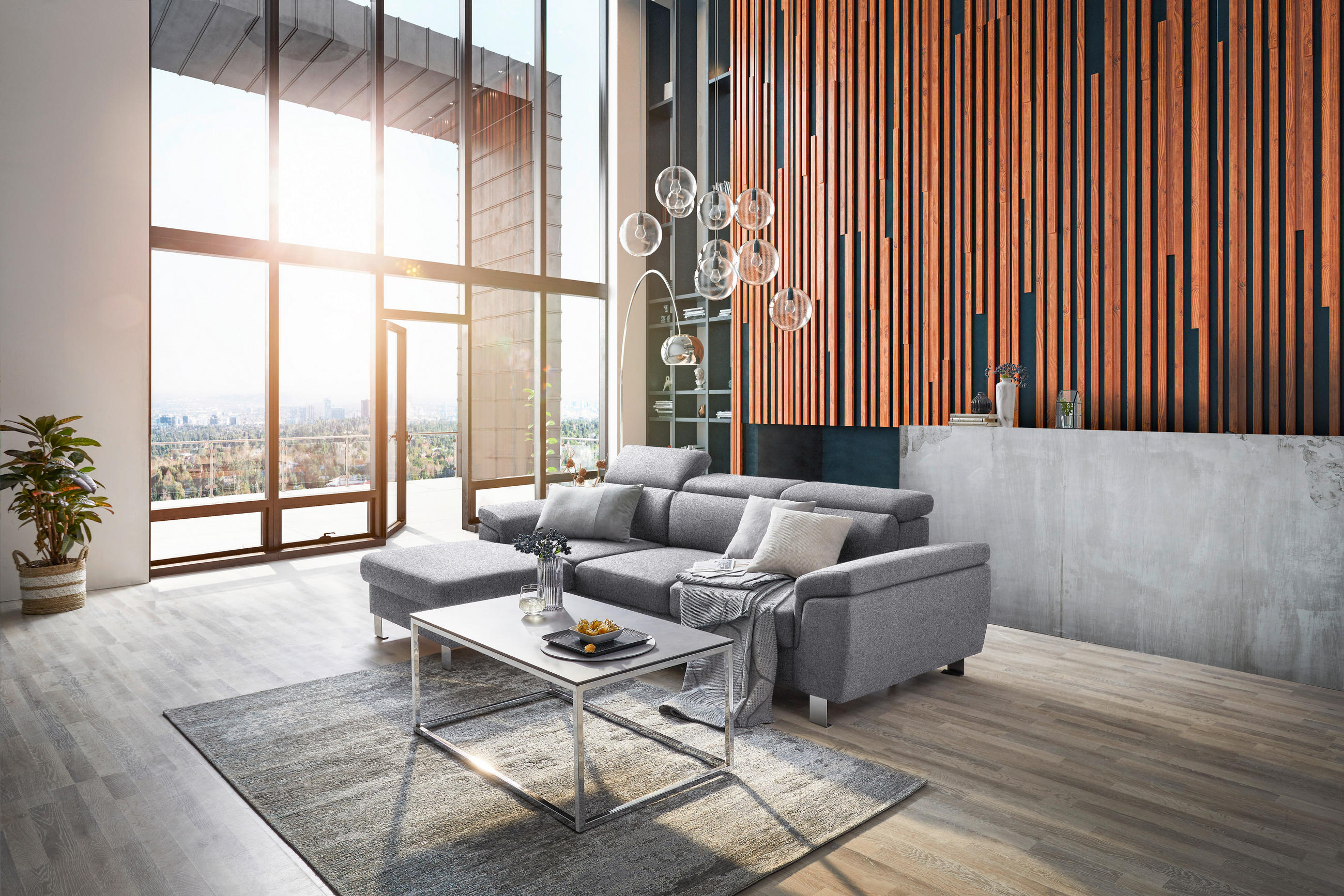 ECKSOFA inkl. Funktionen Hellgrau Webstoff  - Silberfarben/Hellgrau, Design, Textil/Metall (167/250cm) - Xora