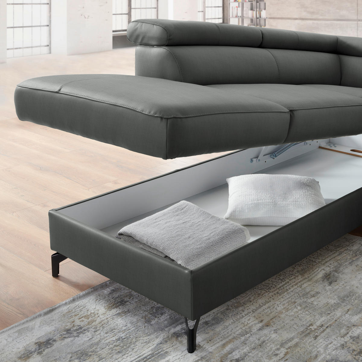 ECKSOFA Echtleder Anthrazit  - Anthrazit/Schwarz, Design, Leder/Metall (220/256cm) - Celina Home