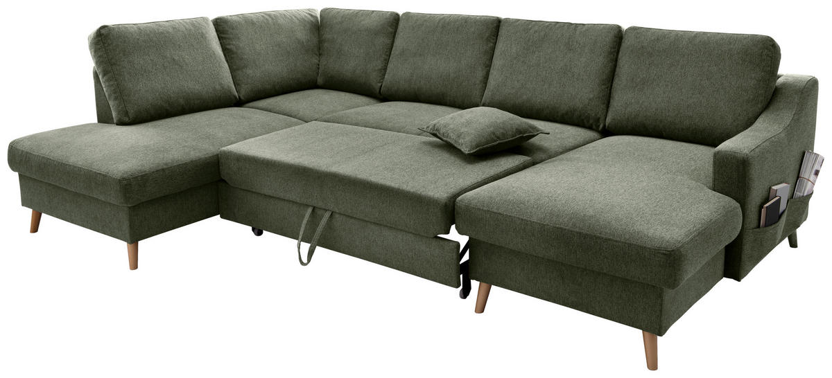 WOHNLANDSCHAFT in Chenille Dunkelgrün  - Dunkelgrün/Naturfarben, Konventionell, Holz/Textil (200/301/150cm) - Livetastic