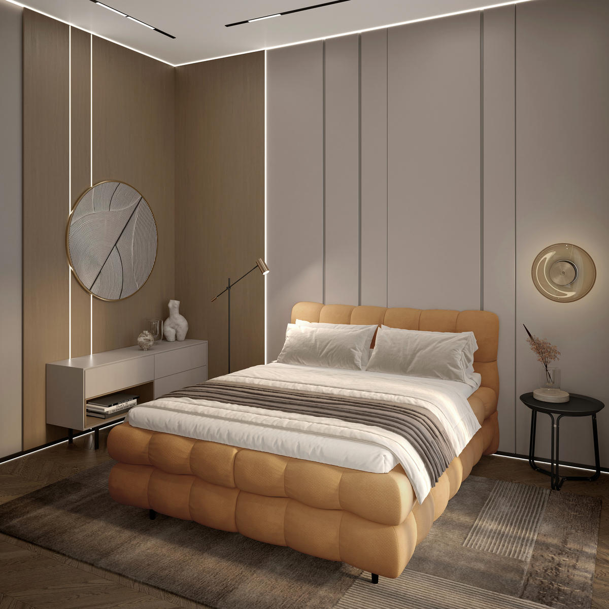 BOXBETT 160/200 cm,  in Goldfarben, gepolstertes Kopfteil, Bettkasten, Topper, H3 + H3 = fest  - Goldfarben/Schwarz, Design, Textil/Metall (160/200cm) - Ti'me