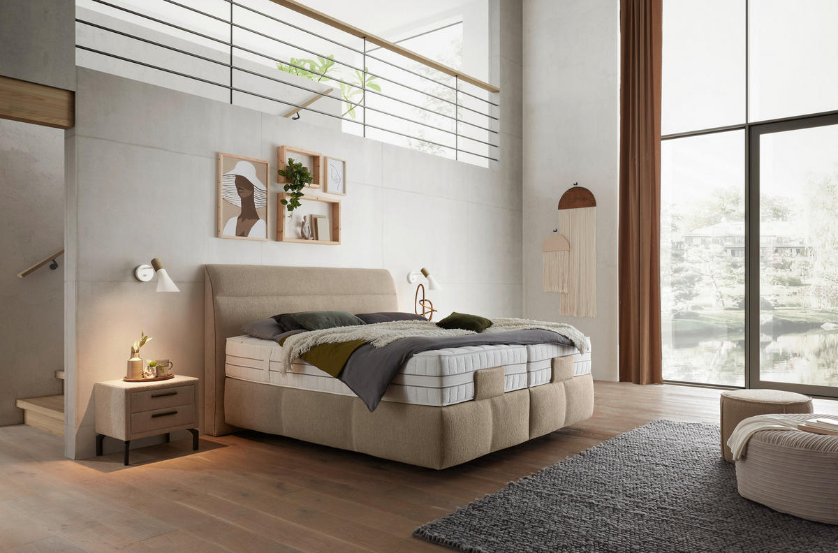 BOXSPRINGBETT 180/200 cm,  in Beige, Matratze, Topper, motorische Verstellbarkeit, Fernbedienung, unterschiedliche Matratzenhärtegrade je Bettseite, H2 + H3 = mittel + fest  - Beige/Schwarz, KONVENTIONELL, Kunststoff/Textil (180/200cm) - Voleo