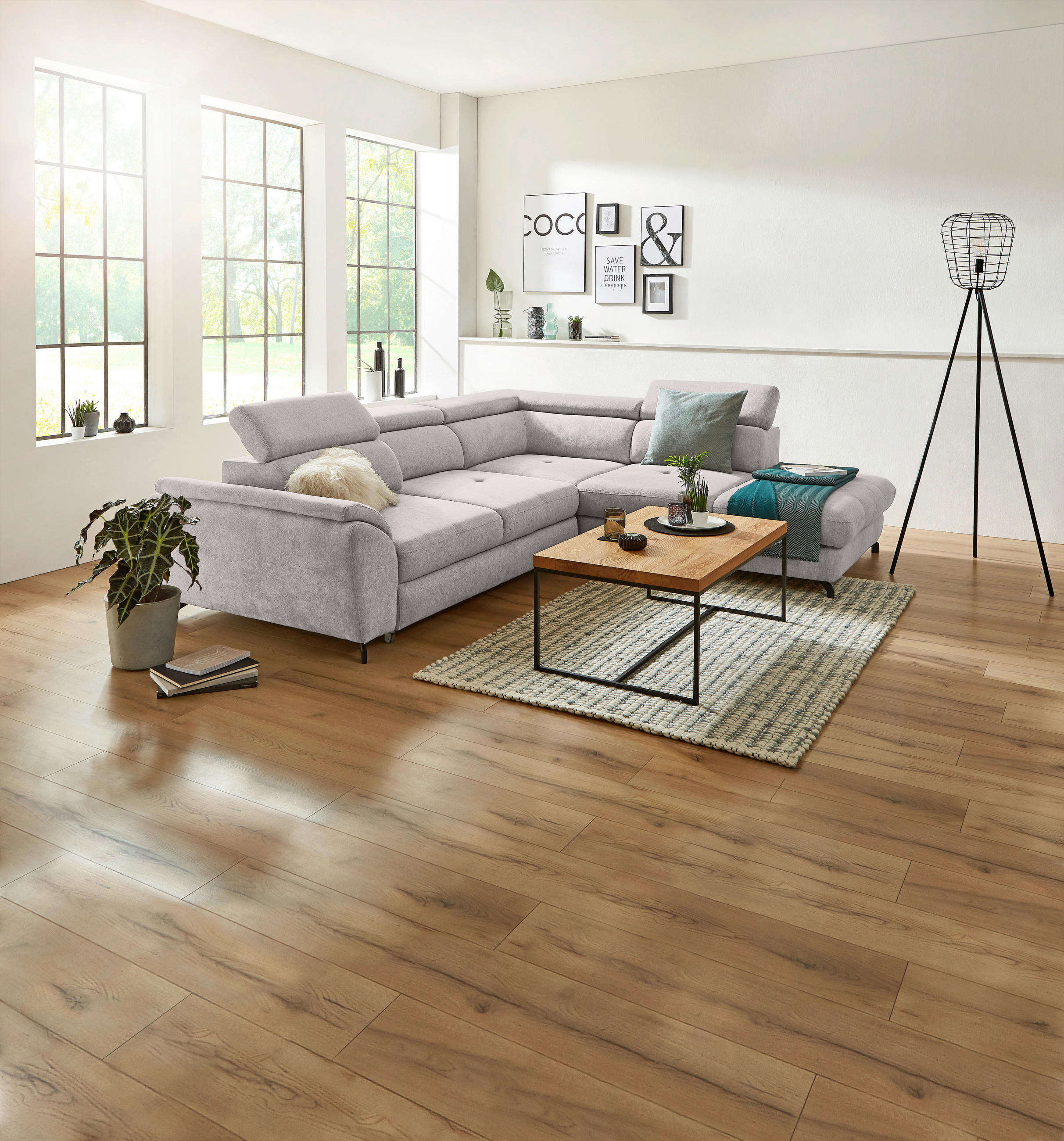 ECKSOFA inkl. Funktion Grau, Hellgrau Webstoff  - Hellgrau/Schwarz, Design, Textil/Metall (277/237cm) - Stylife