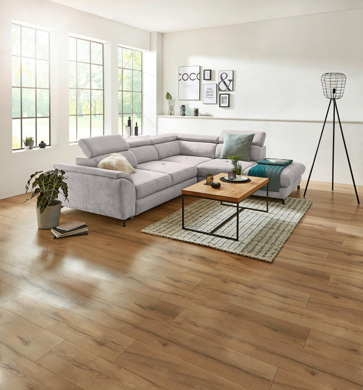 ECKSOFA in Webstoff Grau, Hellgrau  - Hellgrau/Schwarz, Design, Textil/Metall (277/237cm) - Stylife
