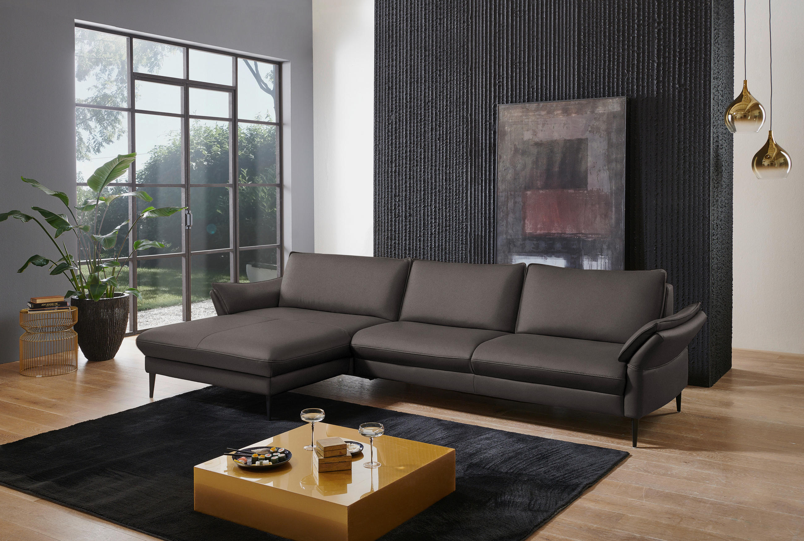 ECKSOFA in Echtleder Dunkelgrau  - Dunkelgrau/Schwarz, Design, Leder/Metall (172/334cm) - Valdera