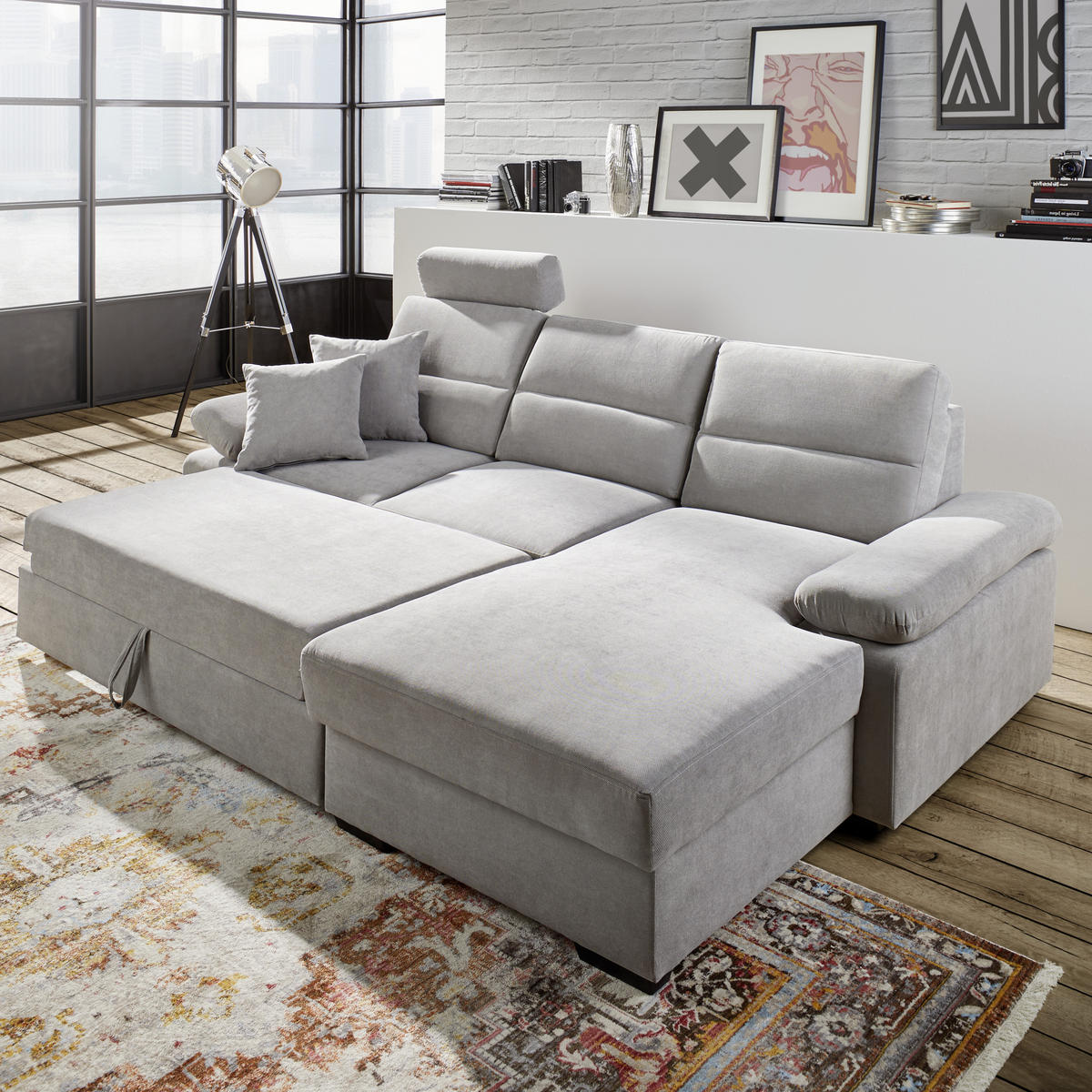 ECKSOFA inkl.Funktionen Hellgrau Webstoff  - Dunkelbraun/Hellgrau, Design, Kunststoff/Textil (258/166cm) - Cantus