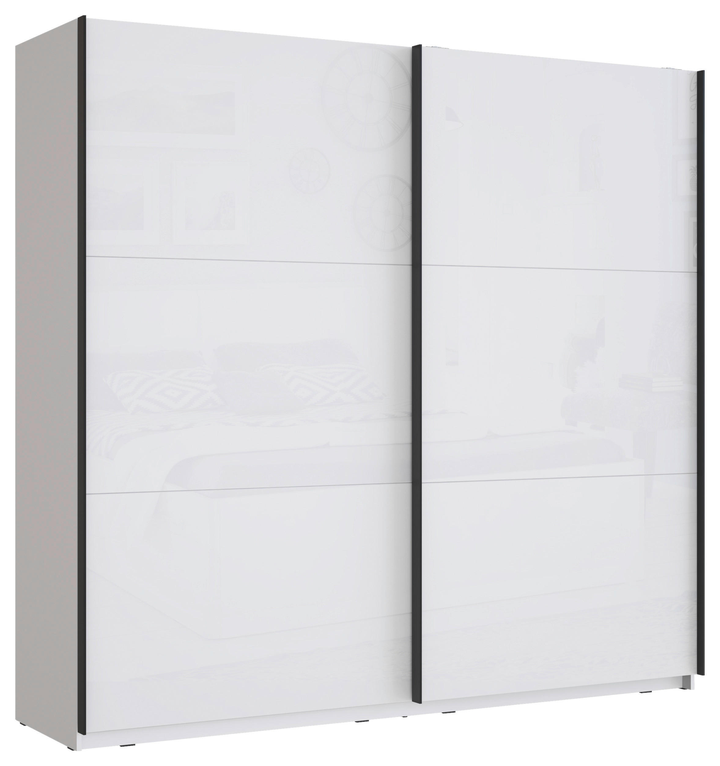SCHWEBETÜRENSCHRANK  in Weiß, Weiß Hochglanz  - Weiß Hochglanz/Schwarz, MODERN, Holzwerkstoff/Metall (220,1/209,7/61,2cm) - home24