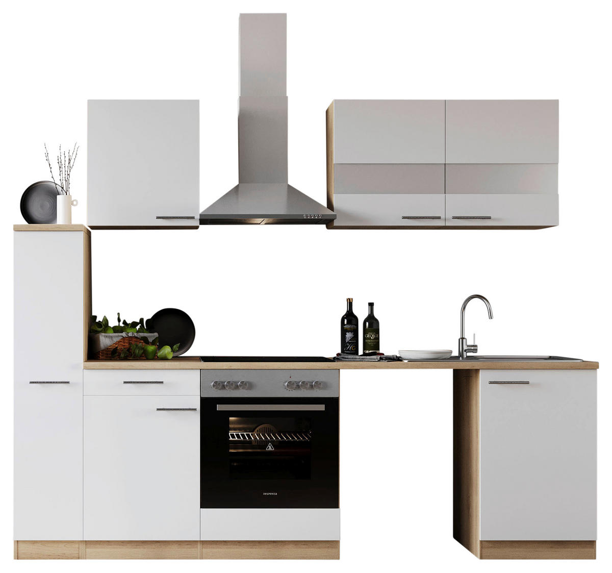 KÜCHENBLOCK 250 cm   in Weiß  - Edelstahlfarben/Eichefarben, Basics, Glas/Holzwerkstoff (250cm) - Respekta