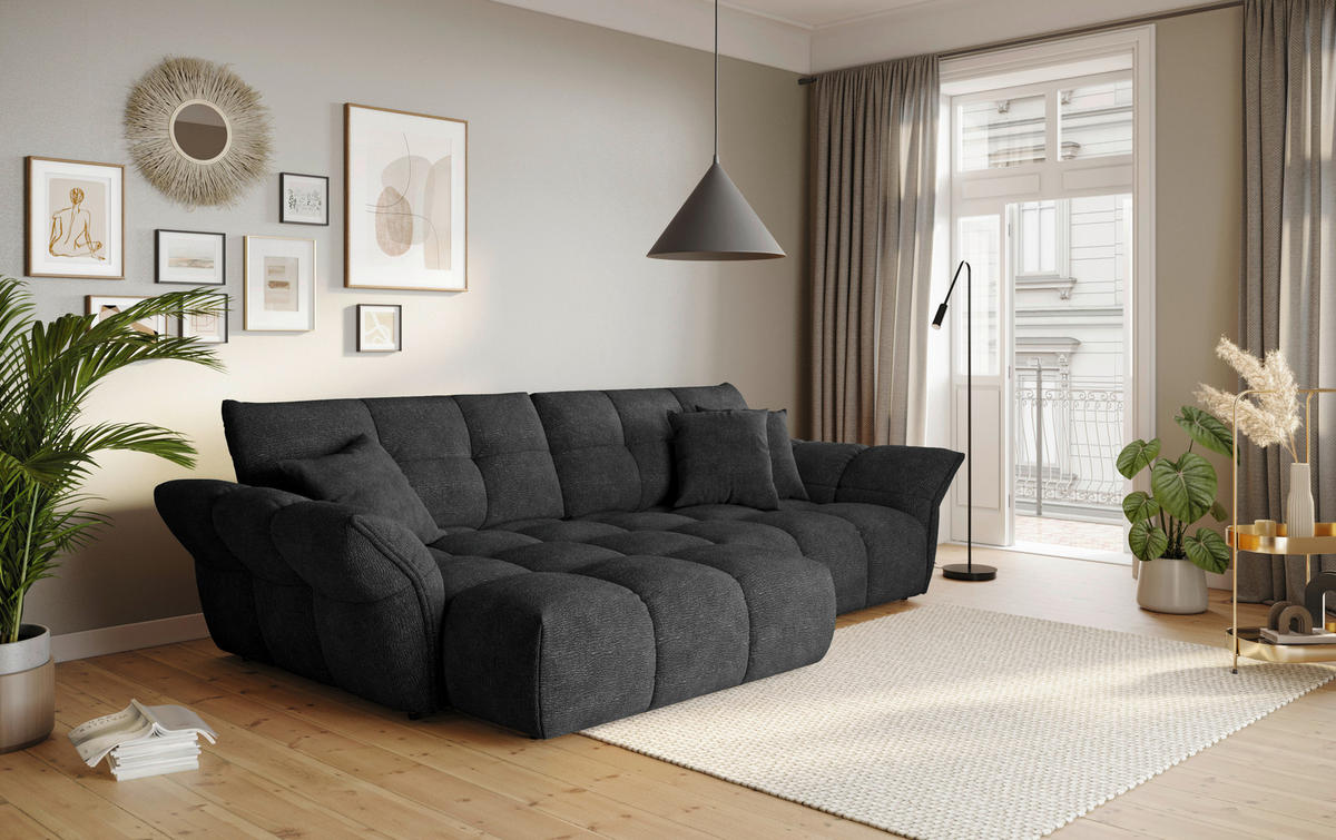 ECKSOFA Schwarz Chenille Rücken echt  - Schwarz, Design, Kunststoff/Textil (177/312cm) - Welnova
