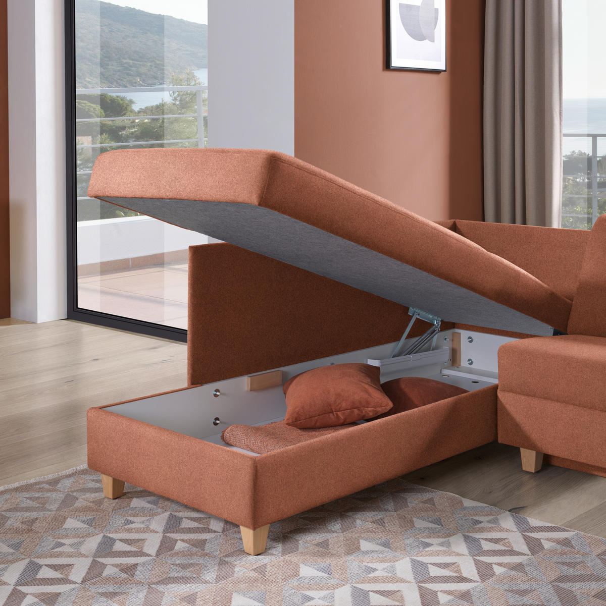 ECKSOFA in Flachgewebe Terracotta  203/261 cm  - Eichefarben/Terracotta, KONVENTIONELL, Holz/Textil (203/261cm) - Sedda