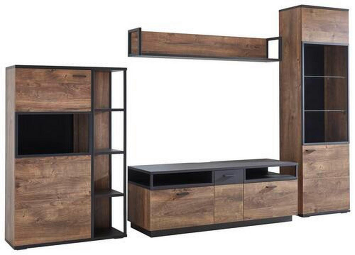 WOHNWAND  in Grau, Eichefarben  319,5/206,2/50 cm  - Eichefarben/Schwarz, KONVENTIONELL, Glas/Holzwerkstoff (319,5/206,2/50cm) - Cantus