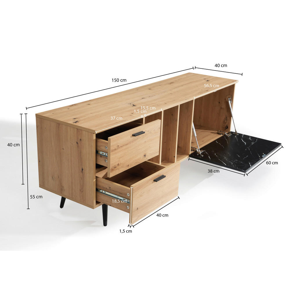 Thumbnail - Livetastic Lowboard, Eiche, Dunkelgrau, Metall, Marmoroptik, 2 Schubladen, 150x55x40 cm, stehend, Wohnzimmer, Wohnwände,...