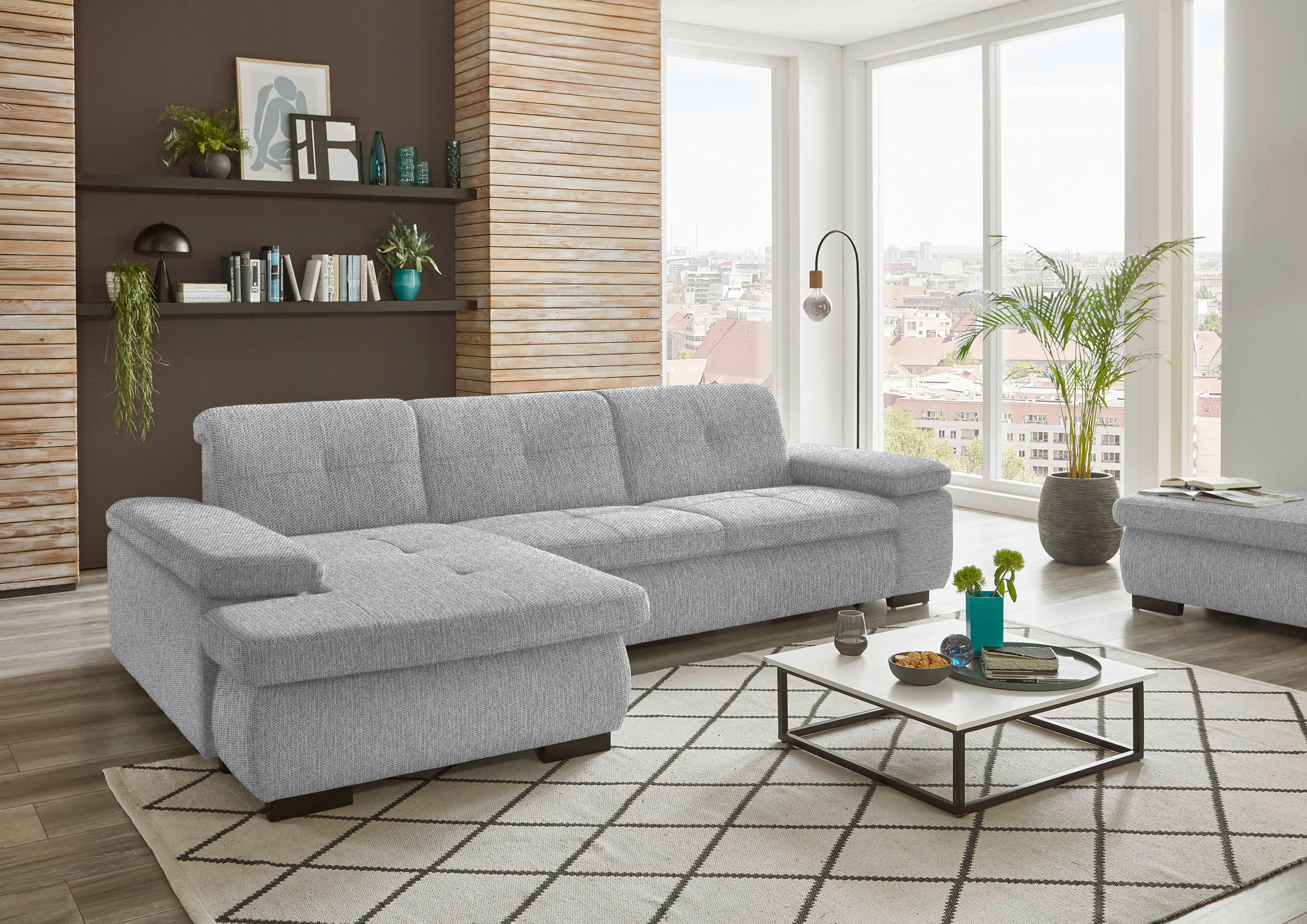 ECKSOFA in Flachgewebe Greige  - Greige/Schwarz, Design, Textil/Metall (174/297cm) - Beldomo Style