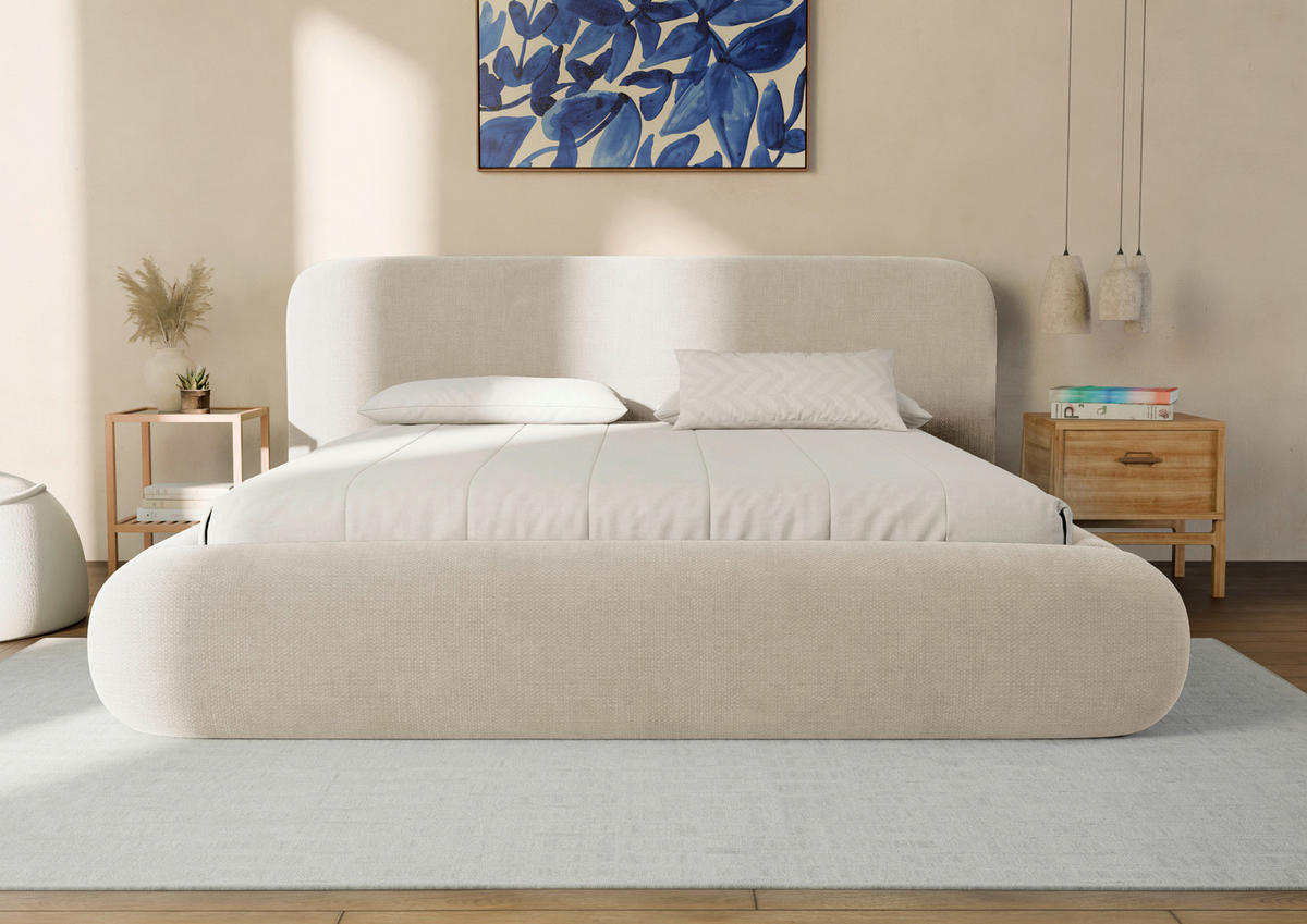 POLSTERBETT 180/200 cm,  in Beige, gepolstertes Kopfteil, Lattenrost, Bettkasten,  - Beige/Schwarz, Design, Holz/Textil (180/200cm) - Chameo