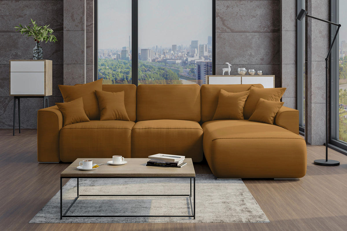 ECKSOFA in Cord Rostfarben  - Chromfarben/Rostfarben, Konventionell, Kunststoff/Textil (293/195cm) - MID.YOU