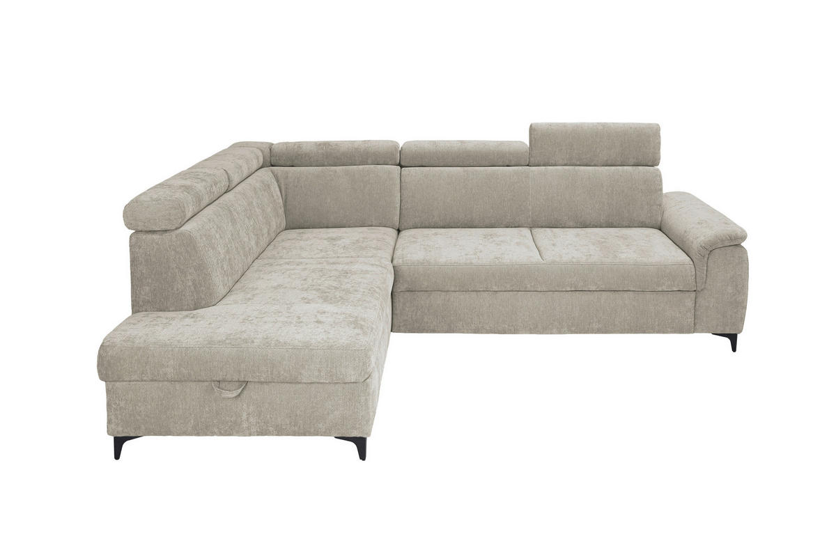 ECKSOFA Naturfarben Chenille Bettkasten, Schlaffunktion, Rücken echt, Kopfteilverstellung, Liegefläche im Originalstoff  - Schwarz/Naturfarben, KONVENTIONELL, Textil/Metall (206/265cm) - Carryhome