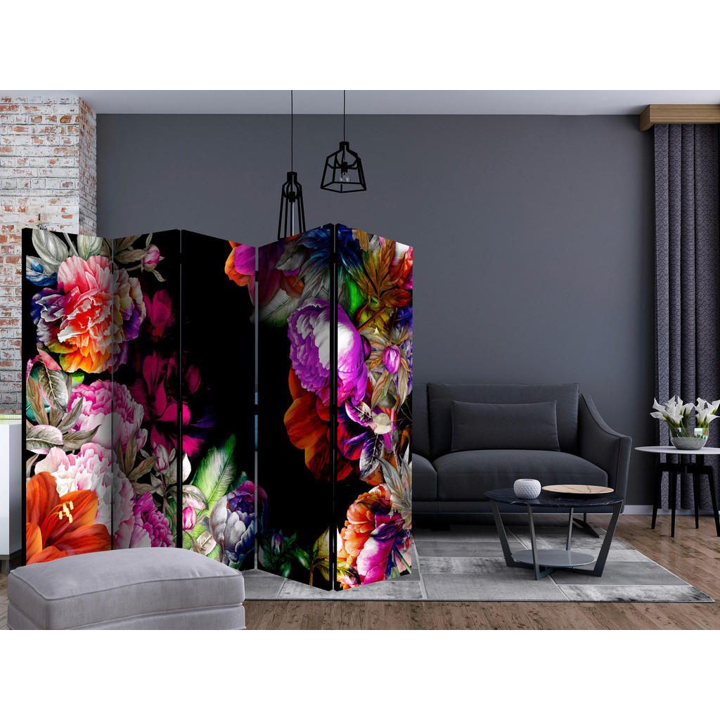Thumbnail - artgeist Paravent, Mehrfarbig, Schwarz, Holz, Textil, Kiefer, massiv, Floral, 225x172x3 cm, Motiv auf Vorderseite, Wohnz...