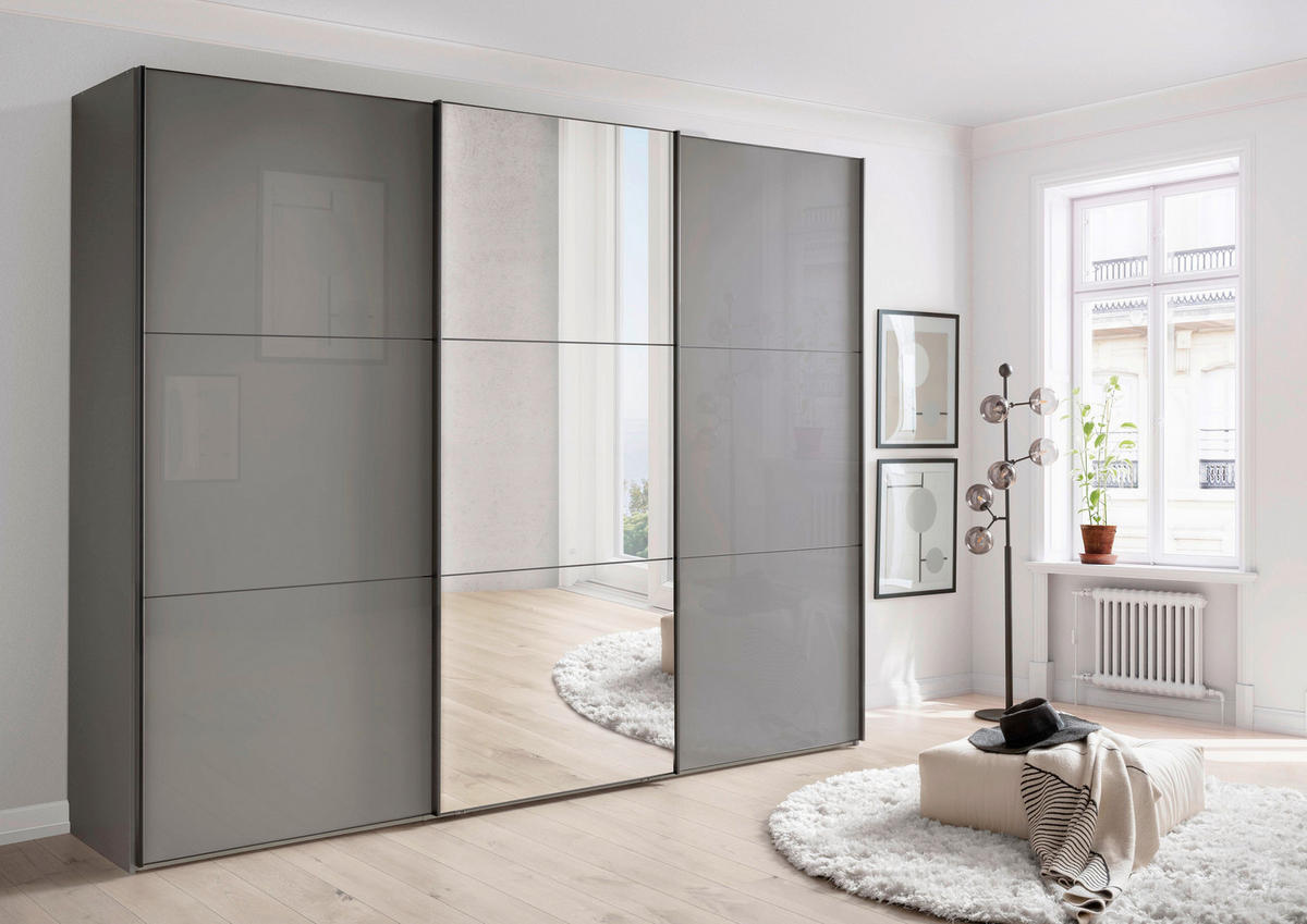 SCHWEBETÜRENSCHRANK 225/217/67 cm,  in Lavagrau, 3 Tür(en)  - Lavagrau/Schwarz, MODERN, Glas/Holzwerkstoff (225/217/67cm) - Chameo