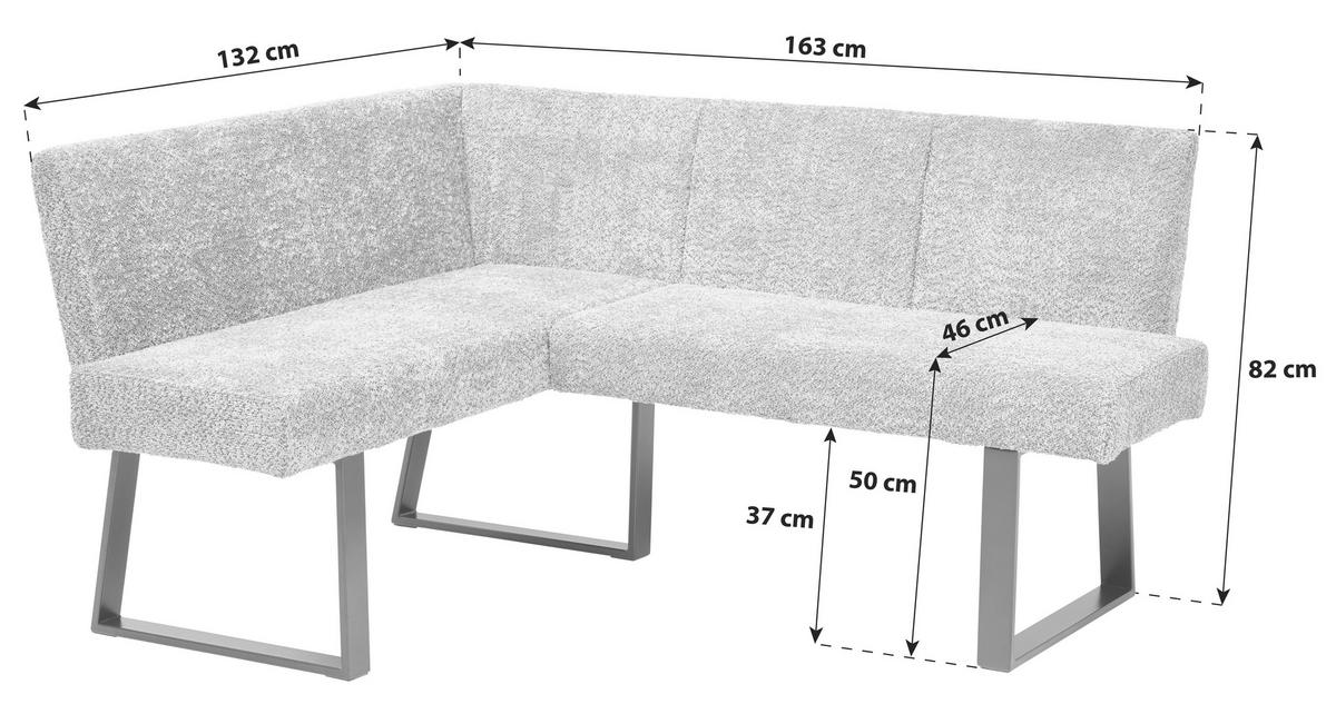 ECKBANK Metall, Textil Grau  - Schwarz/Grau, Konventionell, Textil/Metall (130/160cm) - MID.YOU