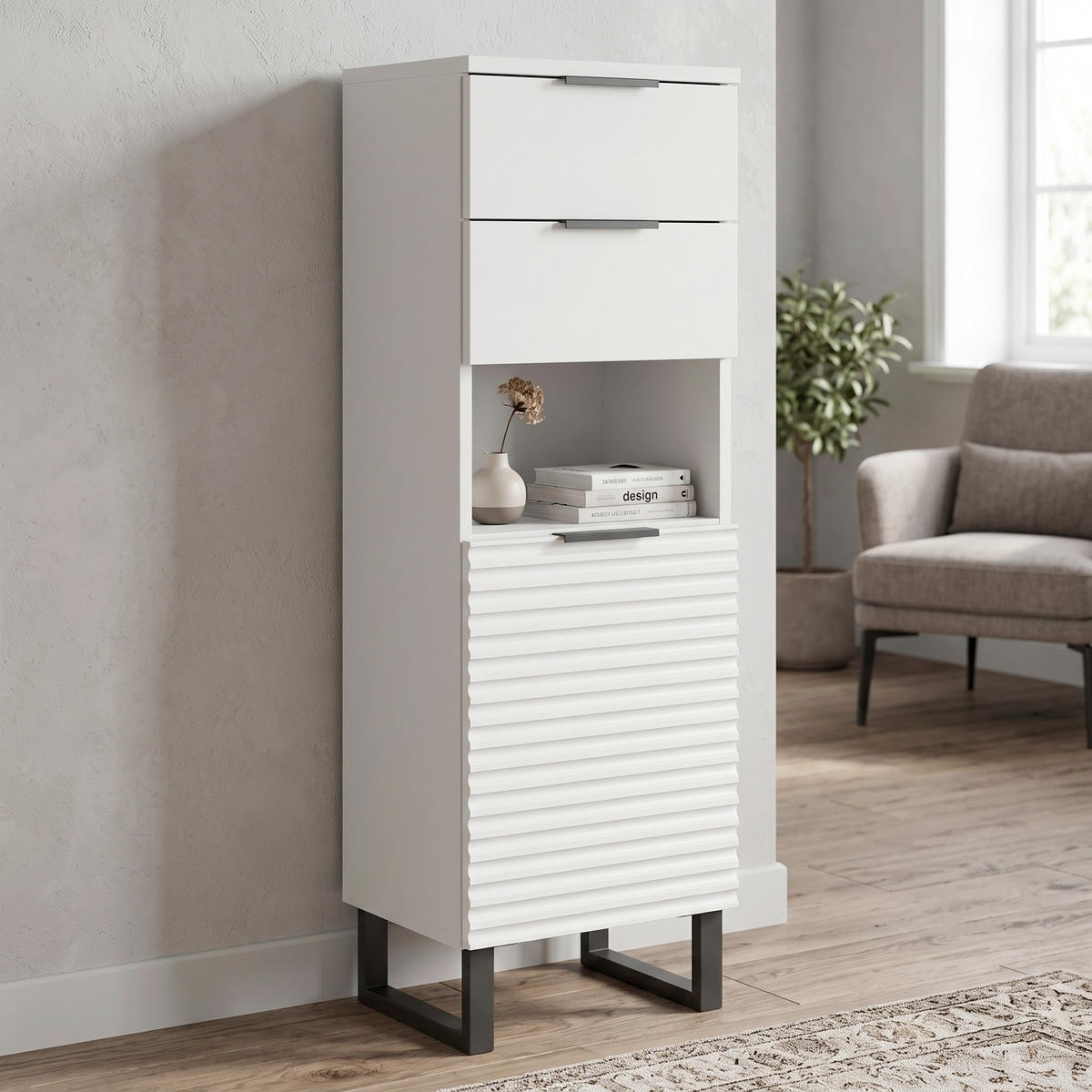 HIGHBOARD  35/110/34 cm 2 Schublade(n)  - Weiss/Schwarz, Modern, Holzwerkstoff/Metall (35/110/34cm) - MID.YOU