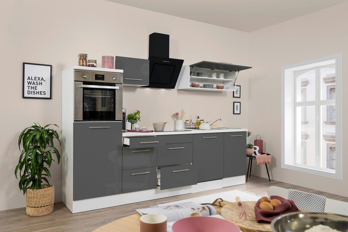 KÜCHENBLOCK 280 cm   in Grau, Weiss  - Weiss/Edelstahlfarben, Konventionell, Holzwerkstoff/Metall (280cm) - Respekta