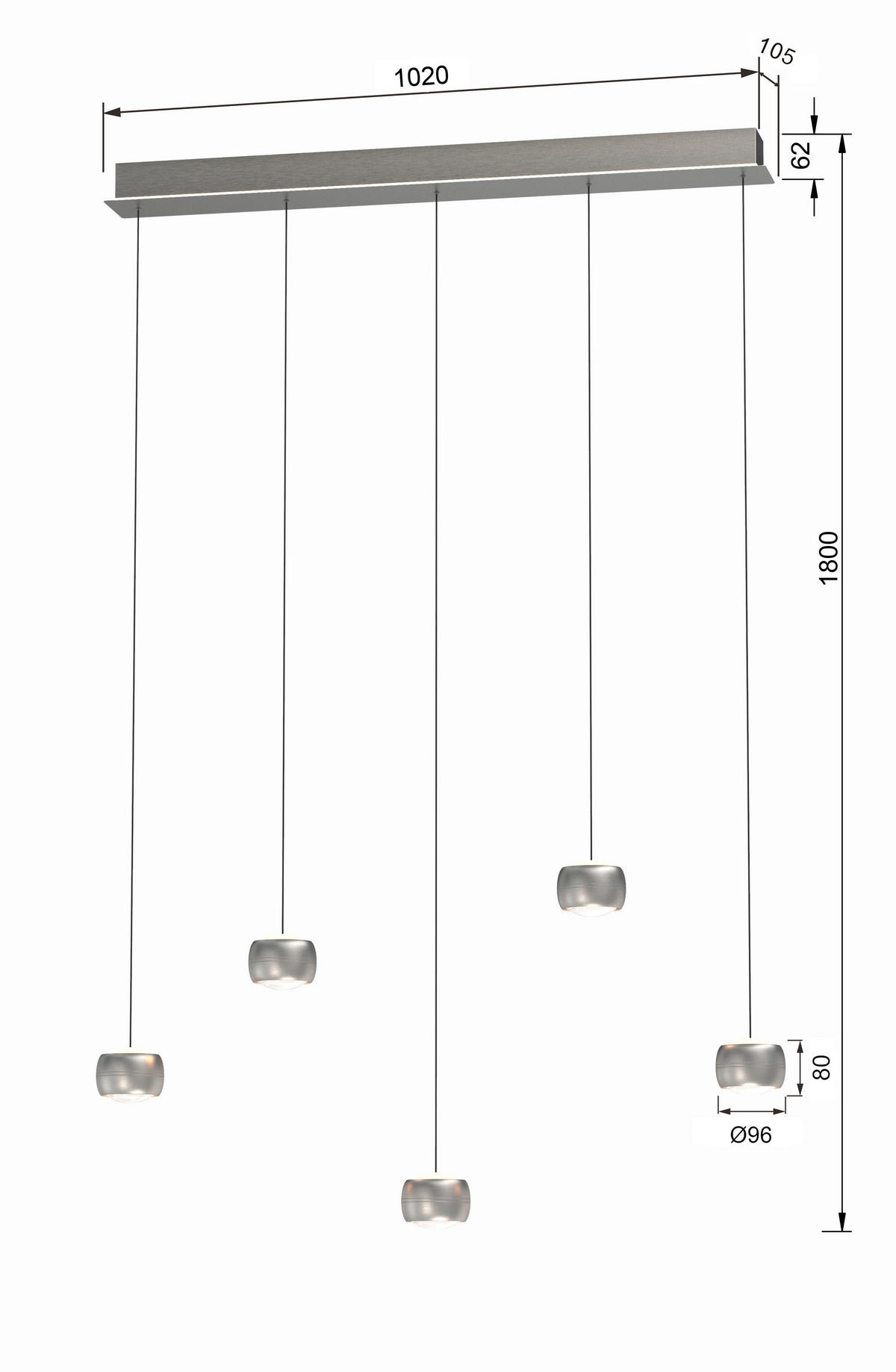 LED-HÄNGELEUCHTE 102/10.5/180 cm  - Nickelfarben, Design, Metall (102/10.5/180cm)